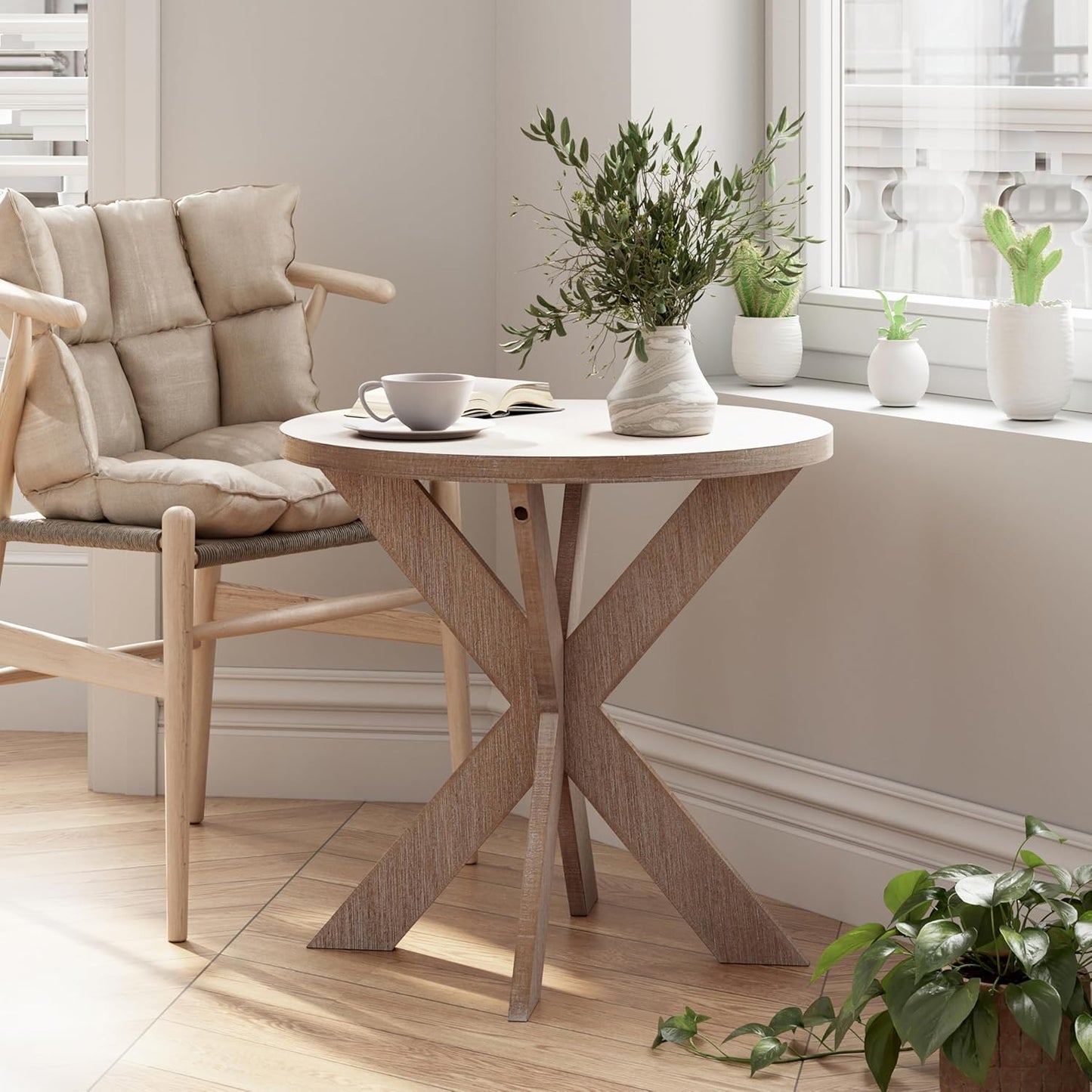 Farmhouse Cross Leg end Table, French Country Accent Side Table for Family, Dinning or Living Room, Small Spaces, Modern, Round, Vintage Grey Finish.