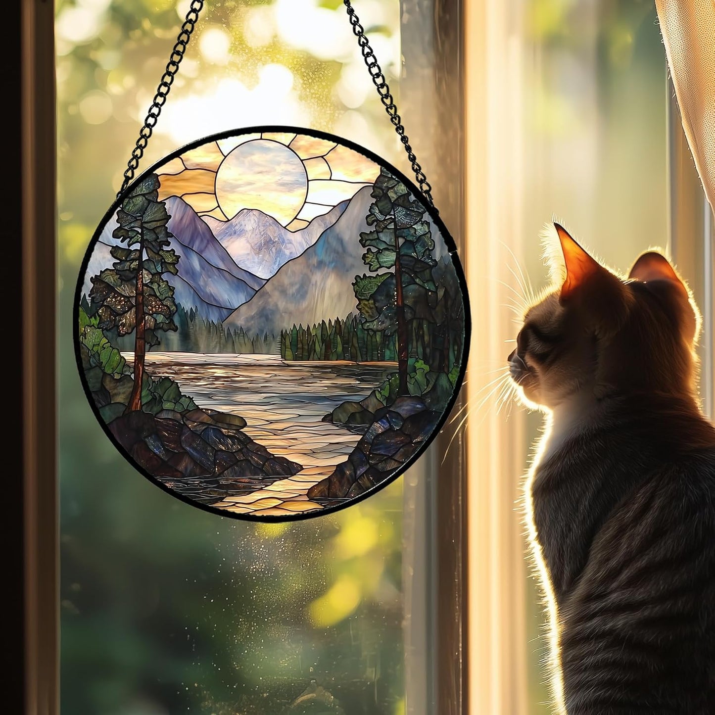 Stained Glass Window Hanging, Sunset Mountains Lake Tree Sun Catcher for Window Home Decor Landscape Suncatcher Mother's Day Birthday Gifts for Women Men Mom and Nana 7.8 in