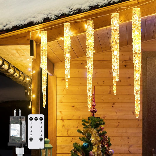 Icicle Lights Outdoor with Remote, 20ft 20 Tubes 100 LED Ice Shape String Lights, Connectable Hanging Christmas Decoration Lights for Tree Patio Roof Holiday Decor, Warm White