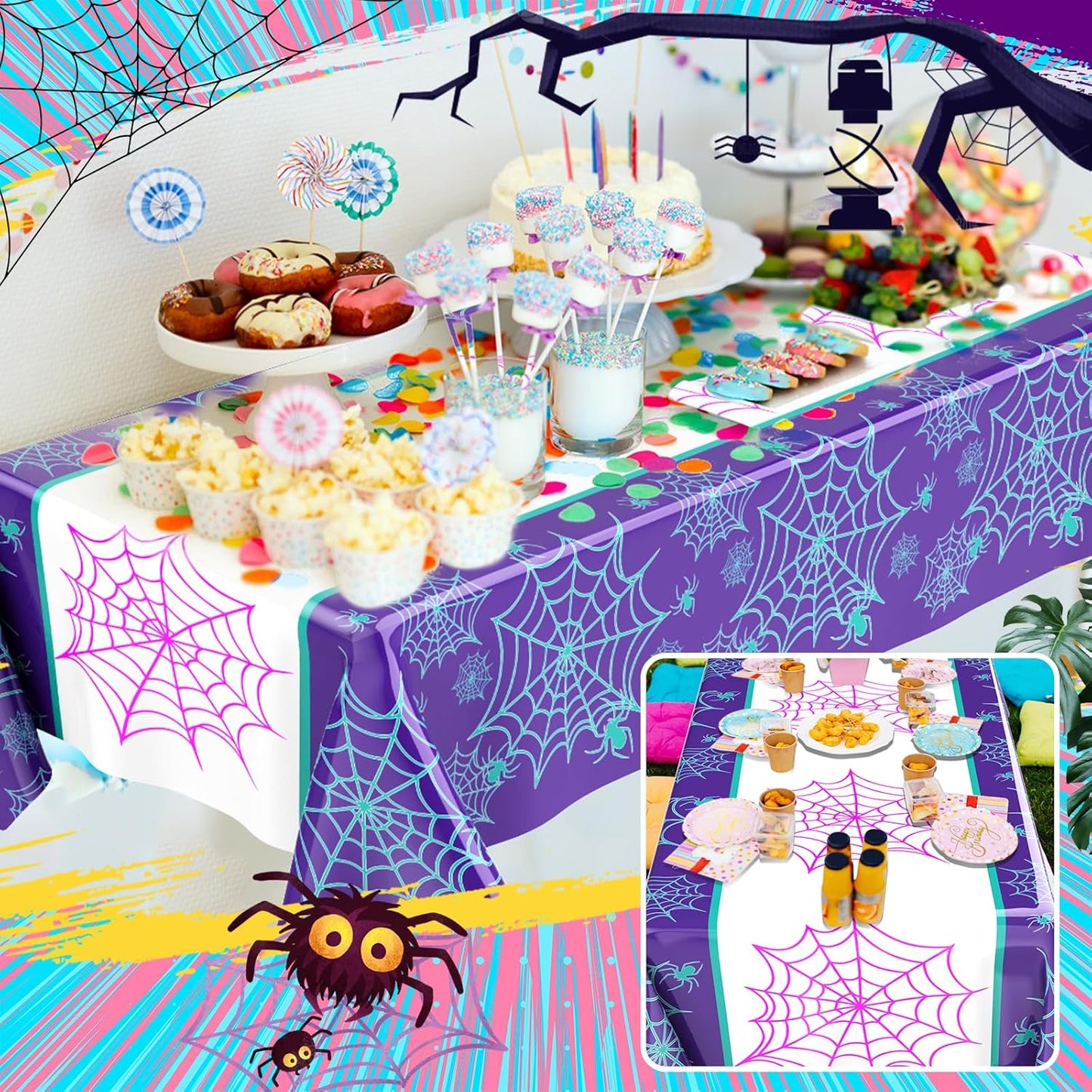 Oudain 3 Pack Spider Theme Birthday Decorations Halloween Purple Black Red Pink Green Web Ghost Bat Tablecloth Cartoon Table Cover Party Favor for Birthday (Purple,Spider)