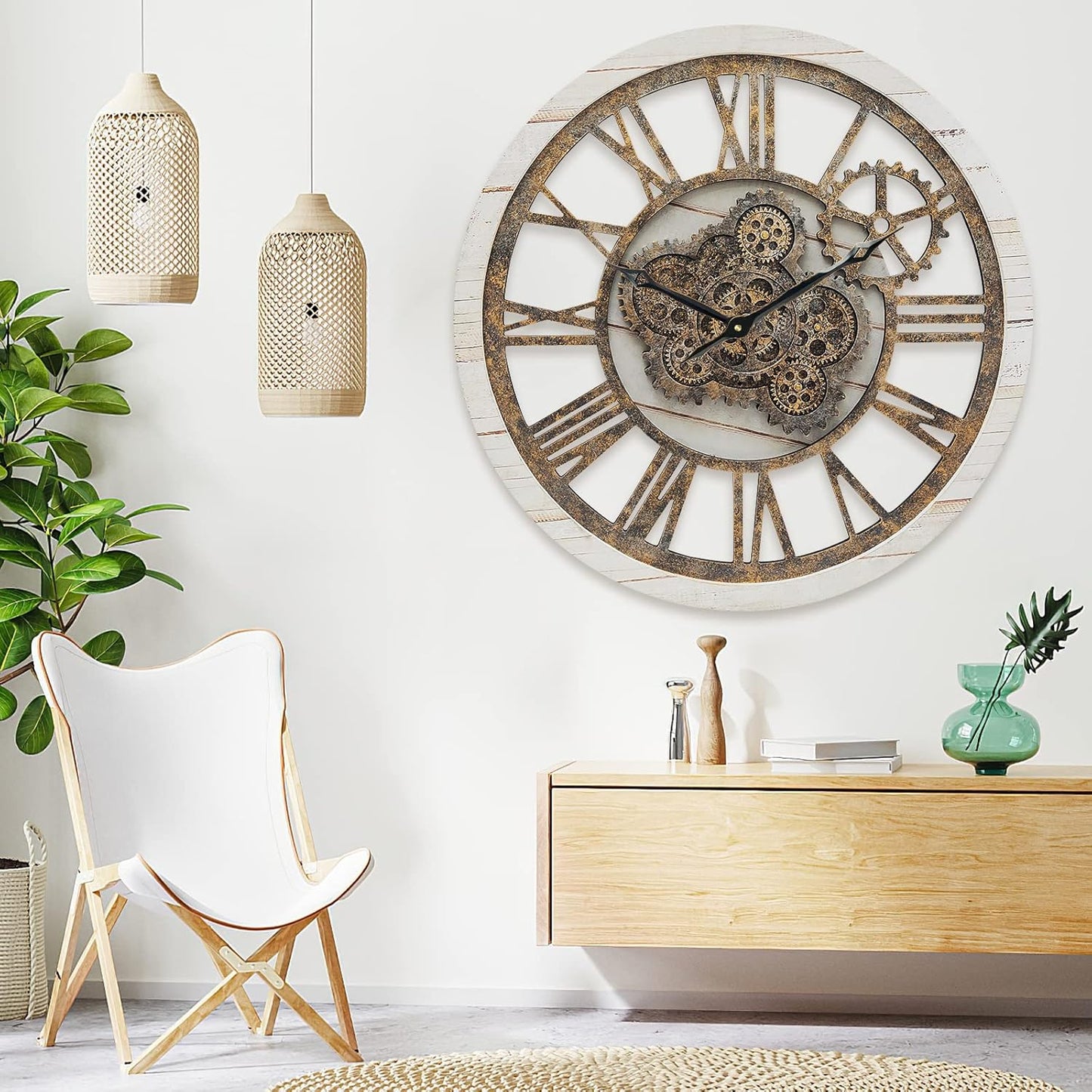 HOIBAI Wall Clock, 24 Inch Moving Gears Clock Large Wall Clock for Living Room Decor Rustic Vintage Industrial Steampunk Farmhouse Big Clock for Home Kitchen Bedroom Office