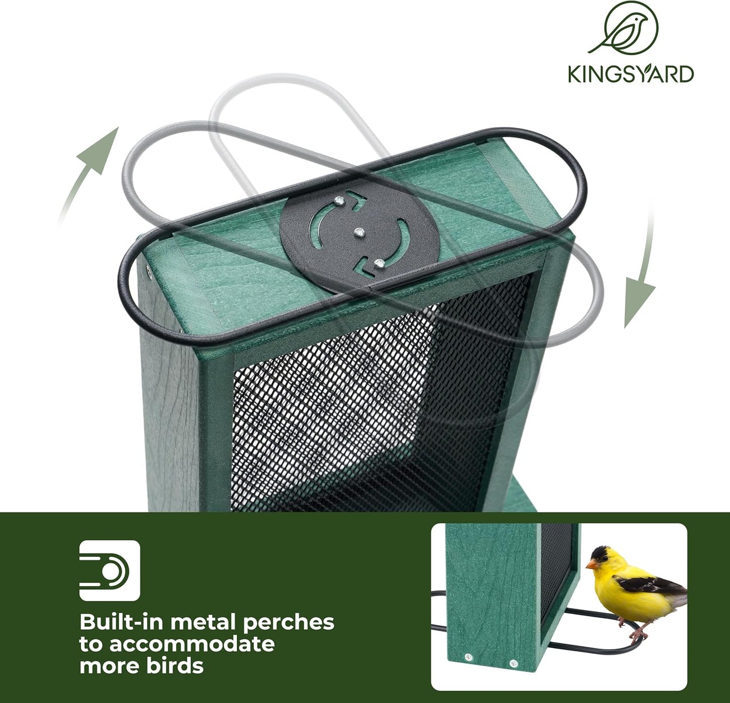 Kingsyard Metal Mesh Bird Feeder for Outdoors Hanging, Finch Feeder for Nyjer/Thistle, Sliding Mesh & Built-in Perch, Recycled Plastic, Green
