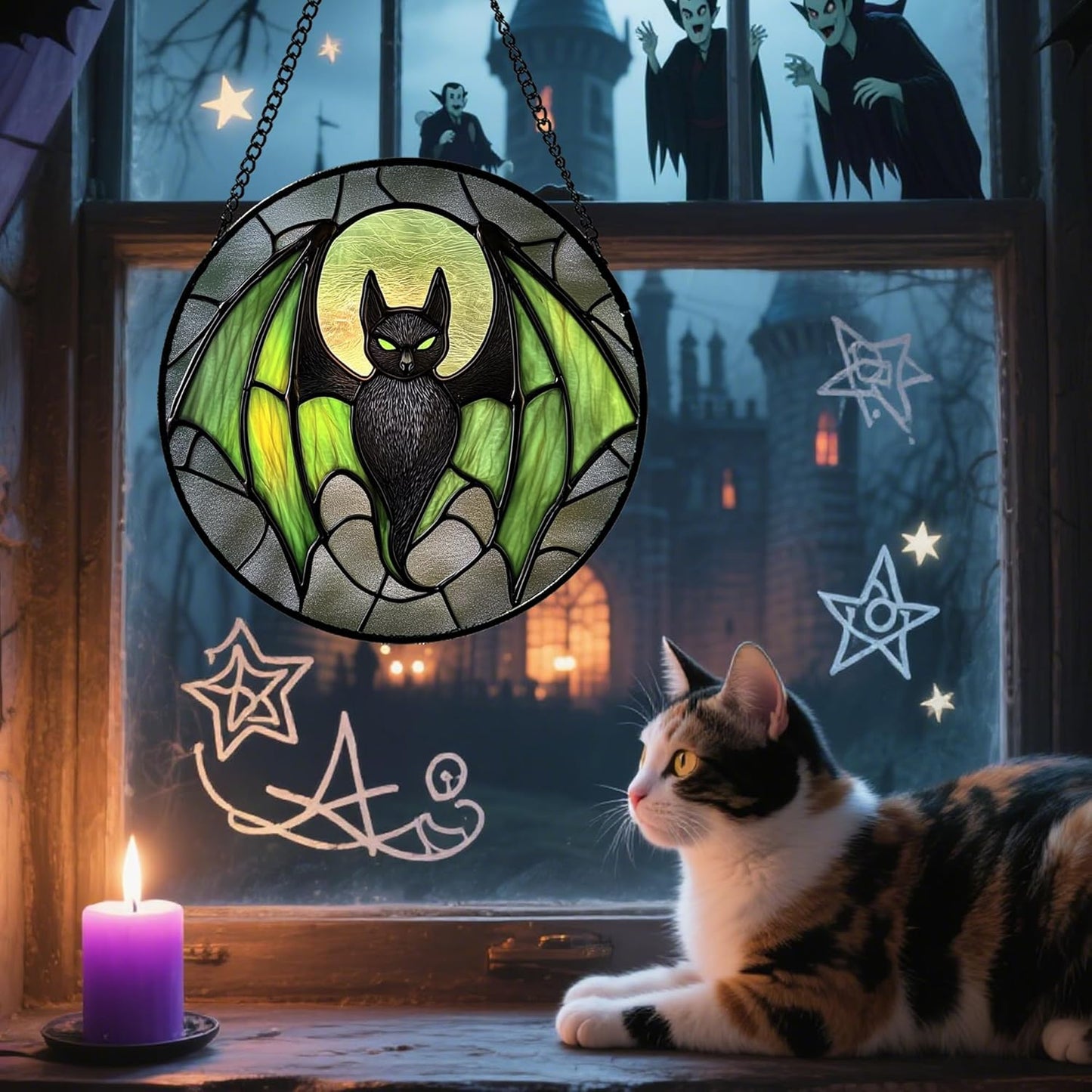 Stained Glass Window Hanging - Halloween Black Bat Green Wings Monster Suncatcher for Doors Garden Home Spooky Sun Catchers Gothic Decor Horror Gift for Women Men Friend Boy Girl 6.3 in