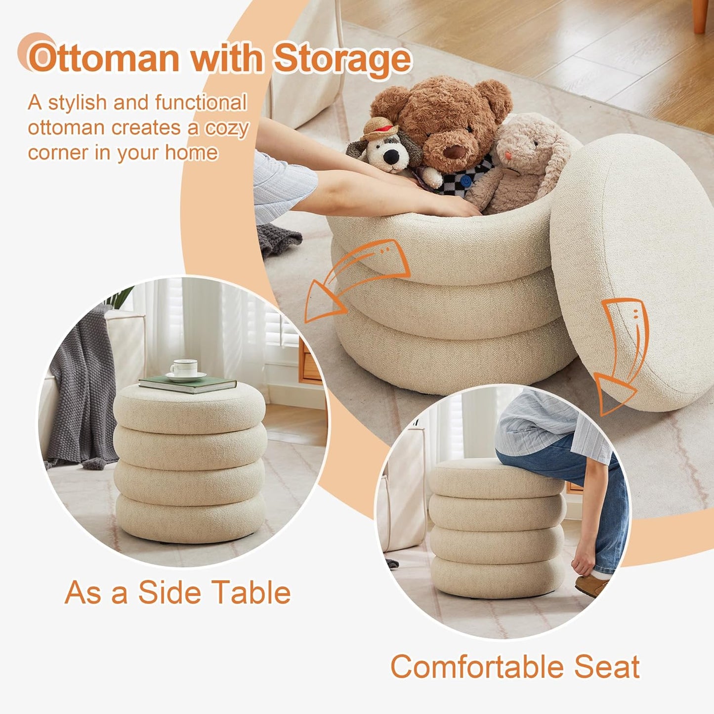 ONEVOG Round Storage Ottoman, 20" Small Ottomans Table with Removable Lid, Linen Fabric Soft Footrest Stools for Couch, Upholstered Stuffed Circle Seat for Living Room/Bedroom/Dorm/Vanity, Beige