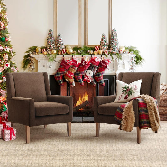 COLAMY Modern Wingback Living Room Chair Set of 2, Upholstered Fabric Accent Armchair, Single Sofa Chair with Lounge Seat and Wood Legs for Bedroom/Office/Reading Spaces, Brown