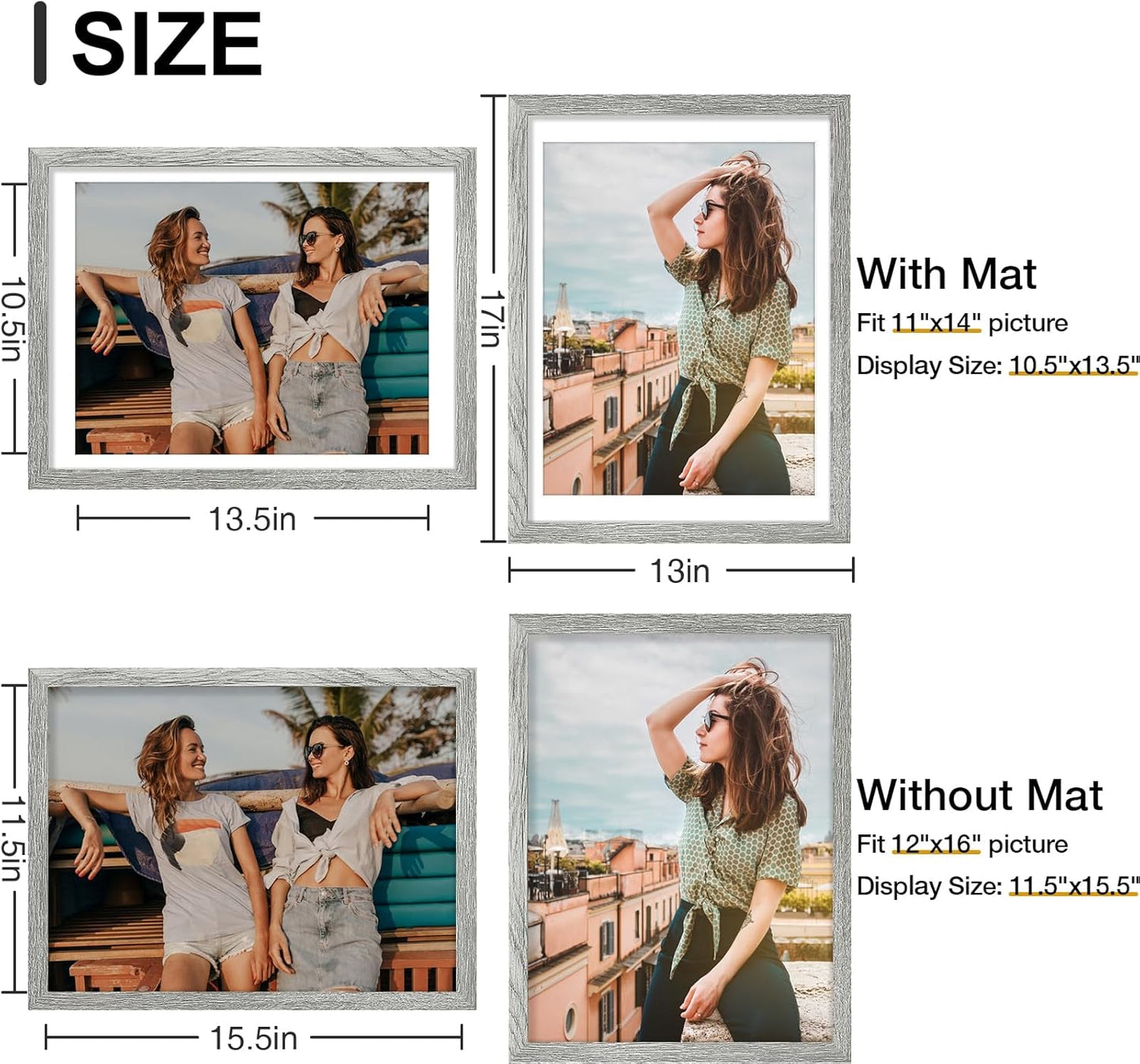 Vittanly 12x16 Picture Frames Set of 9, Shatter Resistant Plexiglass, Display 11x14 Pictures with Mat or 12x16 without Mat, Photo Frames for Wall Mount, Engineered Wood, Grey