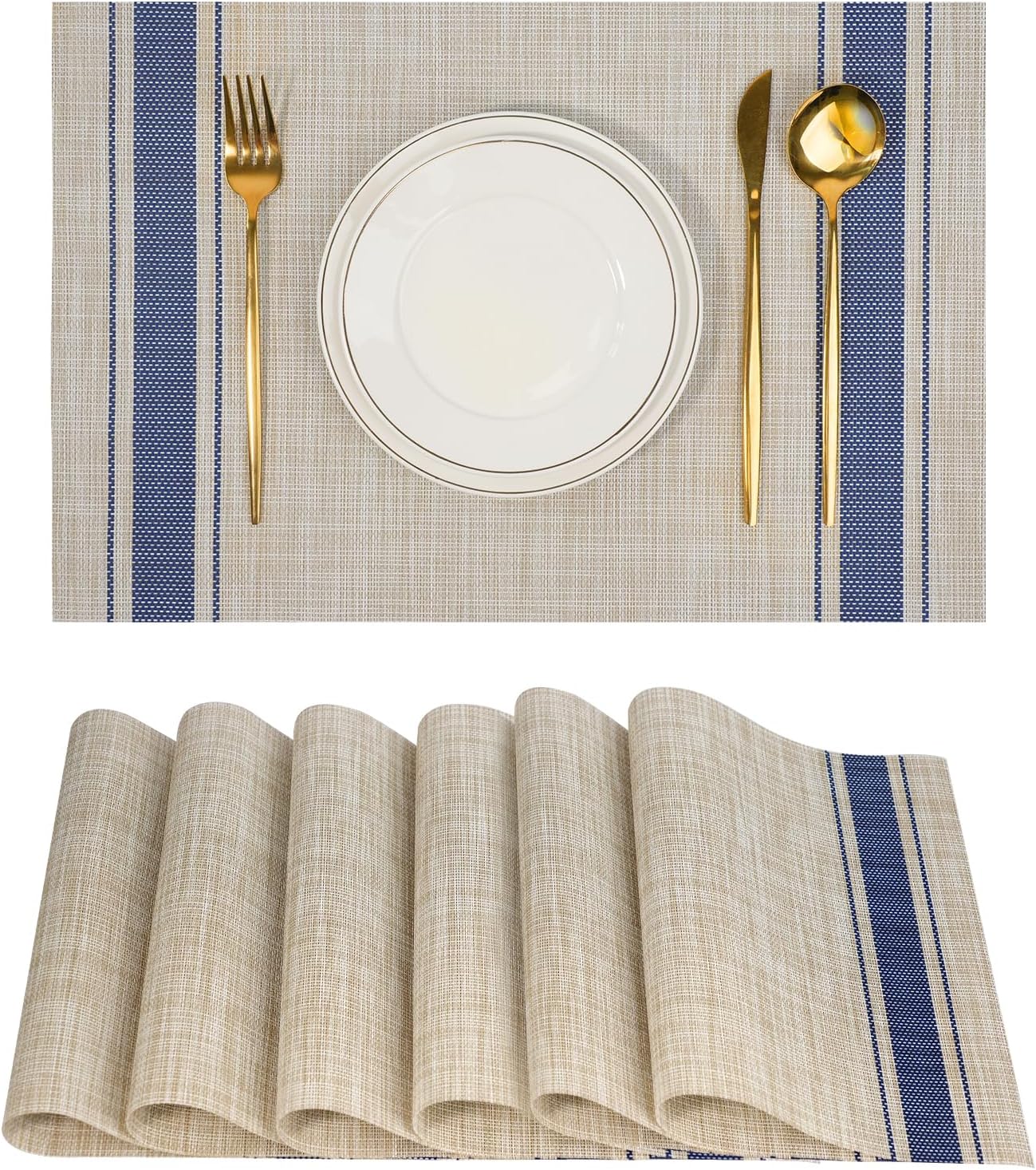 Placemats Set of 6，Non-Slip PVC Weave Table Mats Easy to Clean，Heat Resistant Place Mats for Kitchen Dining Table Decoration Indoor Outdoor，Khaki Blue