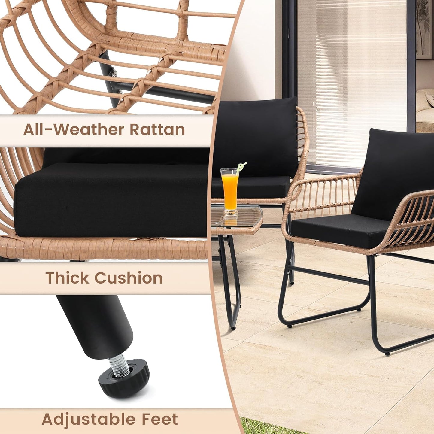 Kromax 4 Piece Patio Bistro Outdoor Furniture Set, Wicker Sofa, 2 Rattan Chairs, and Table, Backyard Conversation Set, All Weather Cushions, Natural Rattan Black Cushion
