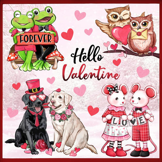 Mfault Valentines Day Animals Window Clings 4 Sheets, Hello Valentine Labrador Dog Frog Cartoon Mouse Owl Stickers Decals Decorations, Love Hearts Anniversary Wedding Home Kitchen Decor Party Supplies