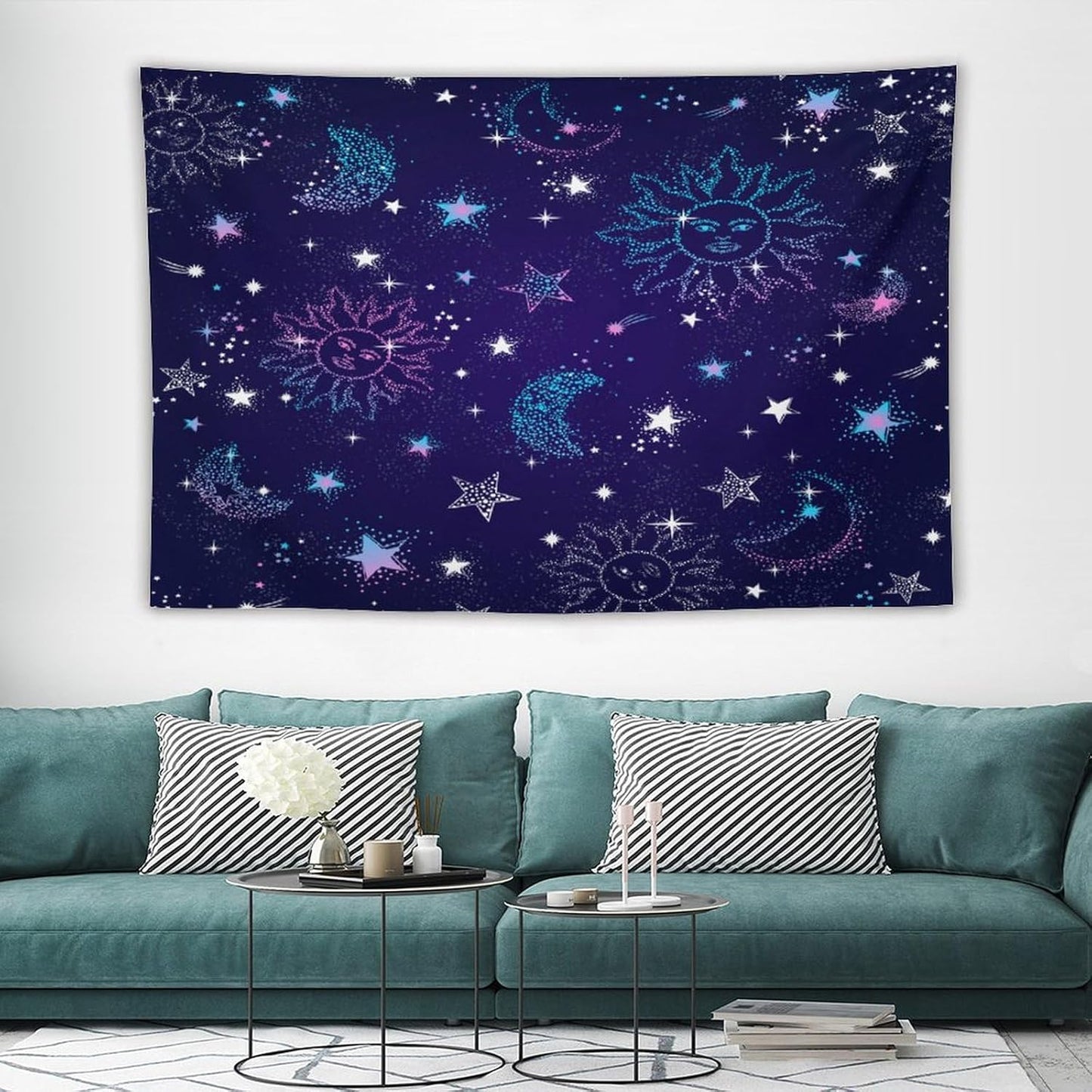 HZOHNAGO Boho Sun Moon Tapestry Purple Blue Sun Stars Galaxy Pattern Printed Wall Tapestry Wall Hanging for Bedroom Living Room Dorm 90" W x 60" H