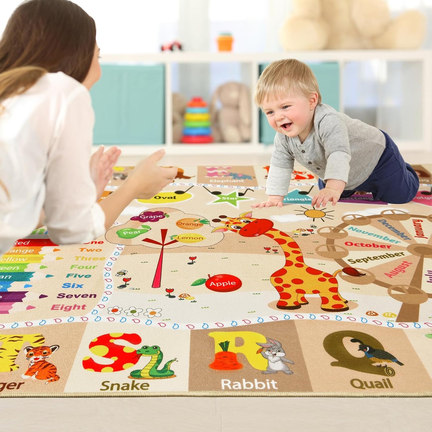 Kids Rugs for Playroom Washable, Educational and Fun Learning Rugs with ABC Alphabet Animals Shapes, Baby Toddler Children's Play Mat for Bedroom Classroom Nursery, 3x5 Feet, Beige and Pink