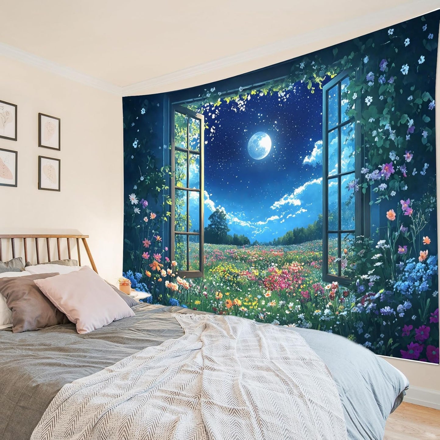 LB Wildflower Moon Tapestry, Window Forest Plant Green Leaf and Garden Colorful Floral Wall Tapestry for Bedroom, Night Sky Wall Art for Living Room Dorm Home Decor Ready to Hanging, 59 x 51 Inches
