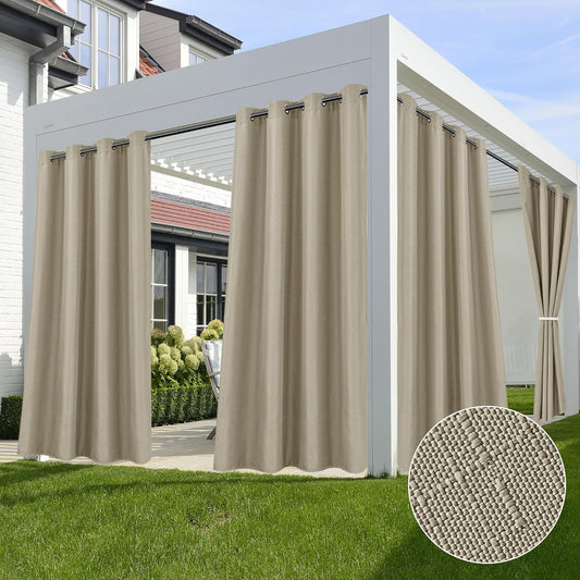 HolidayIdeas Linen Outdoor Curtains for Patio Waterproof-4 Panels Taupe Outside Curtains 54"x95"-Indoor/Outdoor Privacy Gazebo Curtains Weighted Weatherproof for Pergola, Porch, Cabana, Sunroom