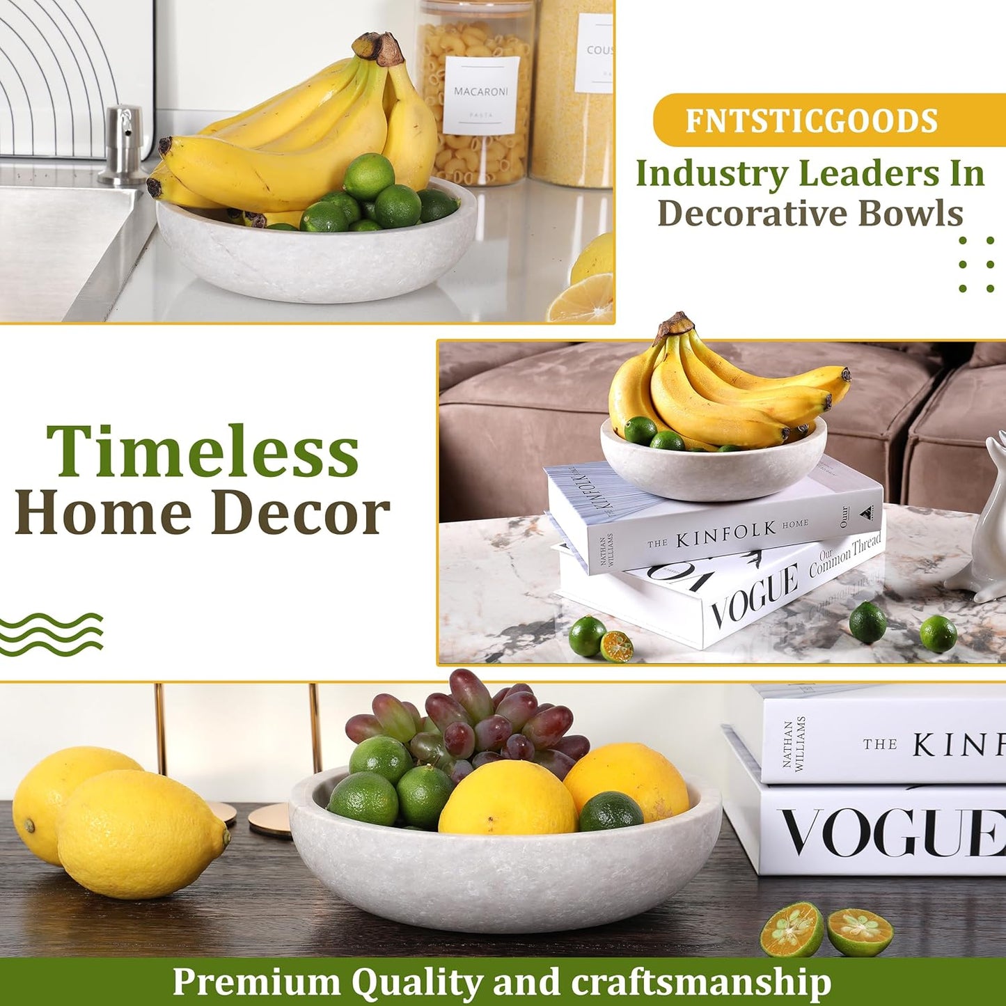 Travertine Decorative Bowl - 7.8” Diameter & 2” Height - Key Bowl for Entryway Table - Organic Modern Centerpiece - White/Gray