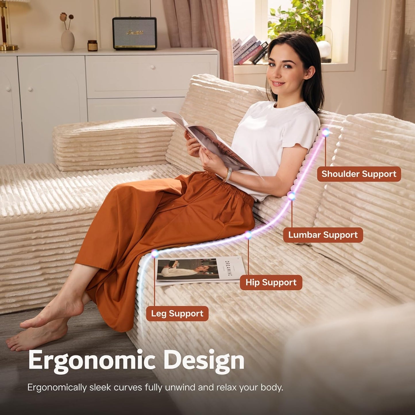 ovios Sectional Cloud Couch for Living Room, Modular Floor Sofa with Plush Corduroy, No Assembly Required, Big Comfy Couches Set with Fluffy Memory Foam, Stupendous U Shaped Sofas with Chaise, Grey