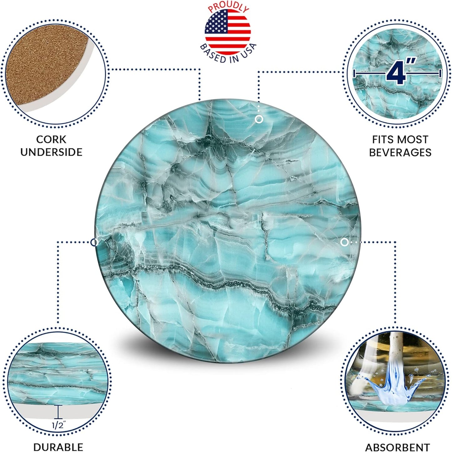 Emerson Coasters for Drinks Absorbent – Natural Stone Drink Coasters Set with Holder, Coasters for Coffee Table, Wooden Tabletop Protection Marble Style – 100% Heavy Duty Set of 6 (Aura)