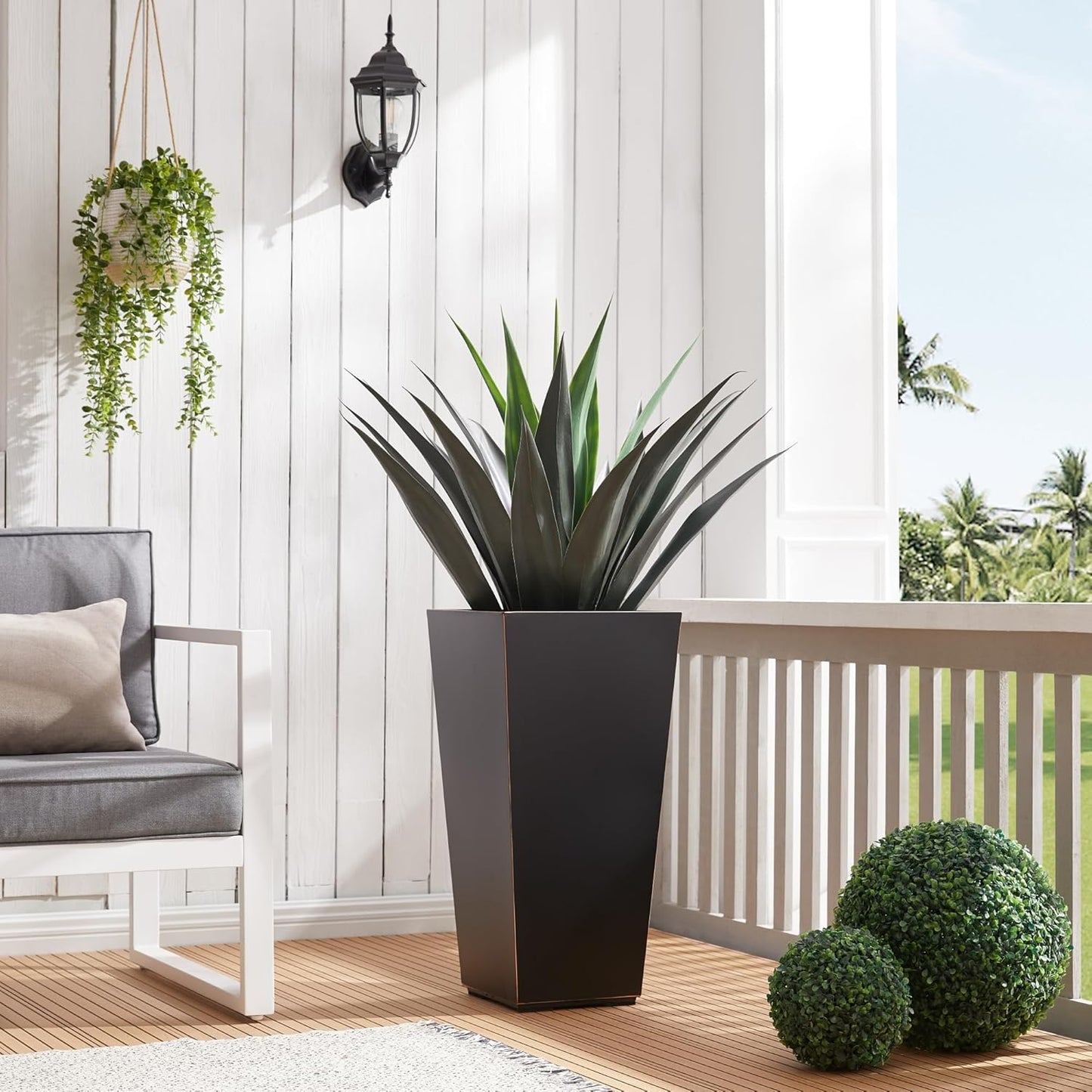 Metallic Taper Planter, 26 Inch Tall Tapered Planter for Front Porch, Patio, Deck, Garden Indoor/Outdoor Tree Planters, Set of 2 Black with Copper Hand Brushed Rim