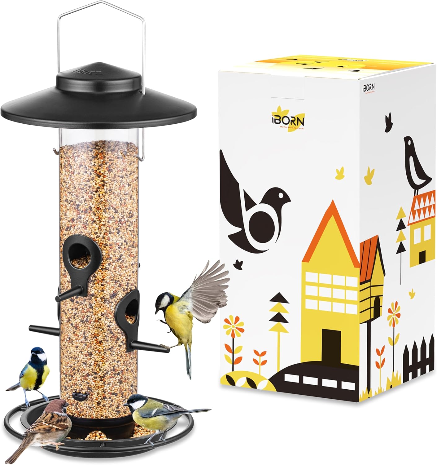 iBorn Metal Bird Feeders for Outdoors, 2LB Bird Seed Feeder 17cm Large Roof &Tray, 4 Feeding Ports, Black Finish