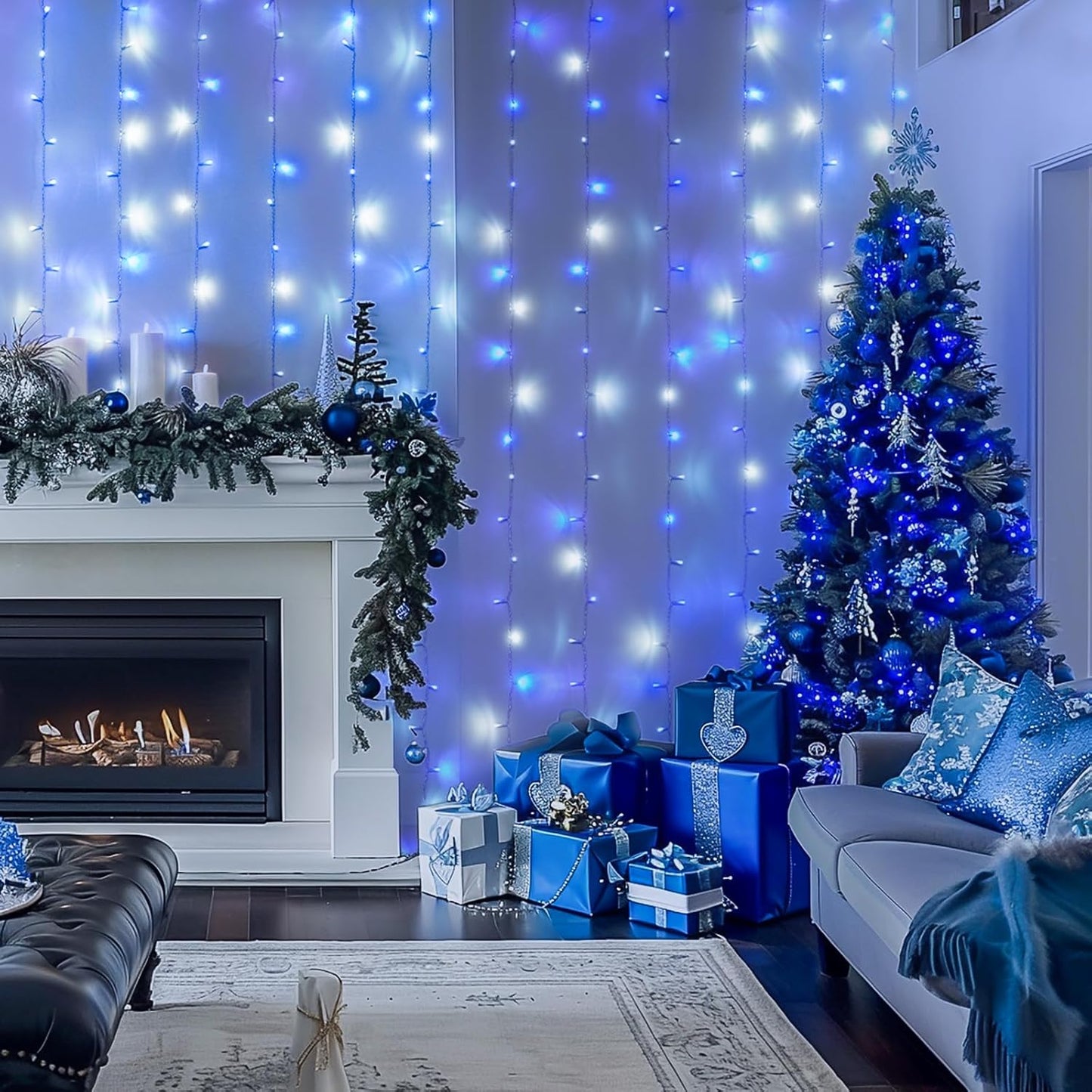 JMEXSUSS 300LED Christmas Curtain Lights Plug in with Remote, Blue and White Christmas Lights Indoor Outdoor, 8 Modes Hanging Fairy String Lights for Bedroom Window Wall Yard Patio Decor, 9.8x9.8ft