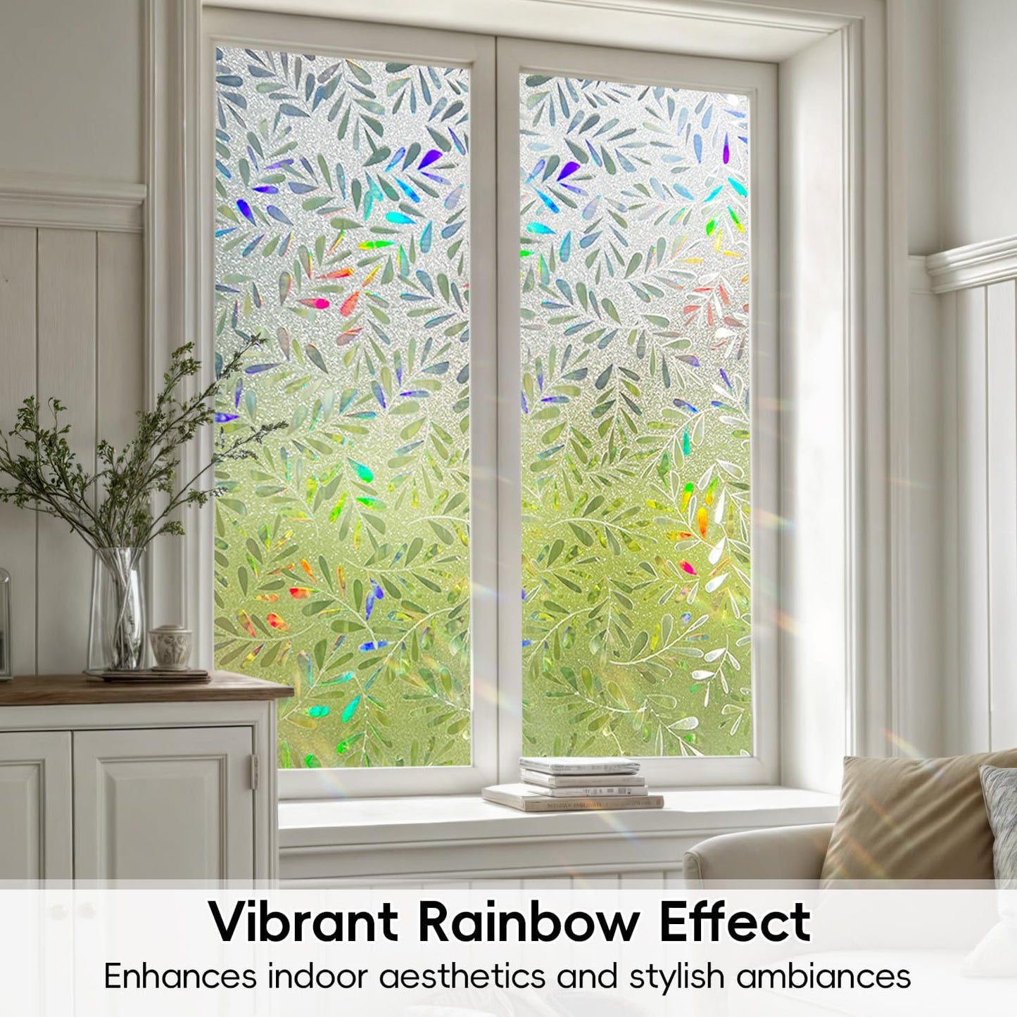 DUOFIRE Window Privacy Film Rainbow Window Film Decorative Leaves Pattern Window Cling Frosted Reusable Anti-UV Non-Adhesive Static Cling Privacy Film for Home Office 23.6 × 78.7 inches