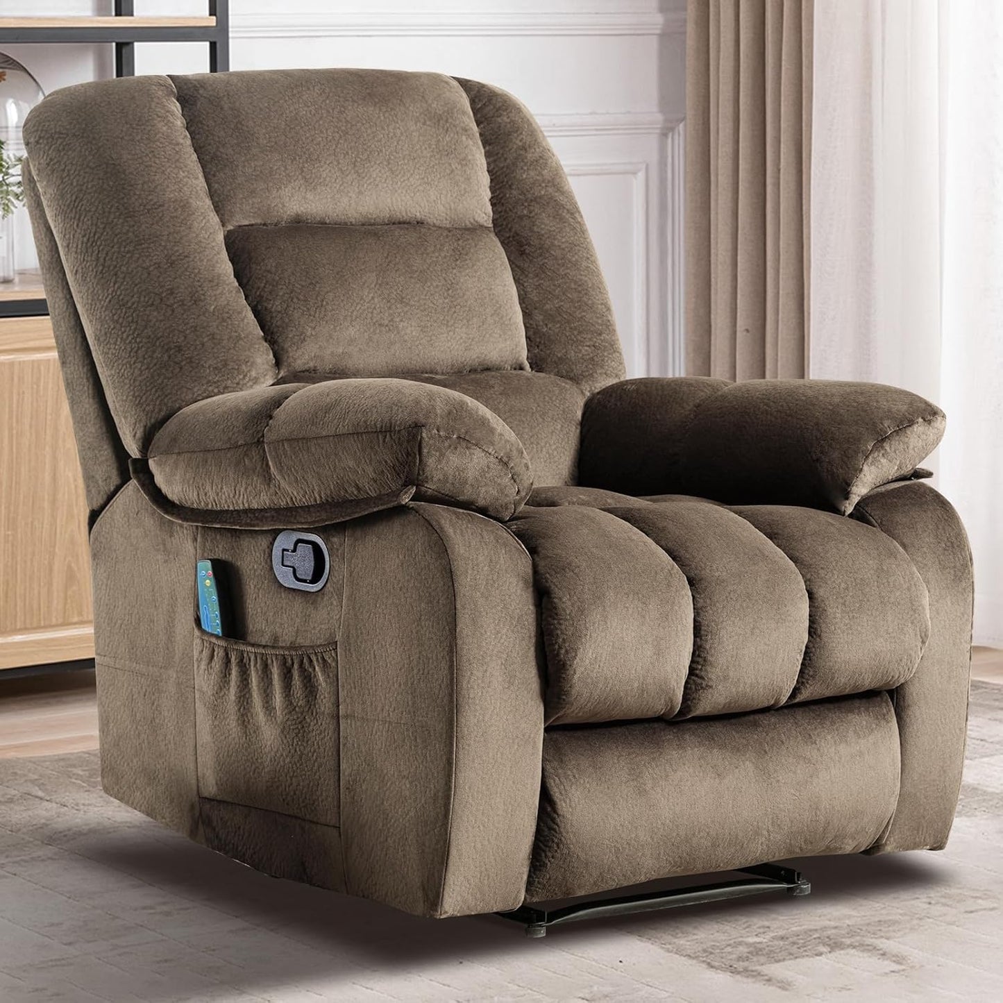 Massage Recliner Chair with Heat and Massage, Soft Fabric Ergonomic Manual Reclining Chairs, Heavy Duty Reclining Sofa Chair with Side Pockets for Living Room (Taupe)