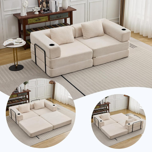 78" W Loveseat Sofa, 4 in 1 Convertible Floor Sofa Bed, Boneless Cloud Couch with Cup Holder, Fold Out Floor Couch, Loveseat Recliner Sleeper for Living Room Bedroom Lounge(Corduroy, White)