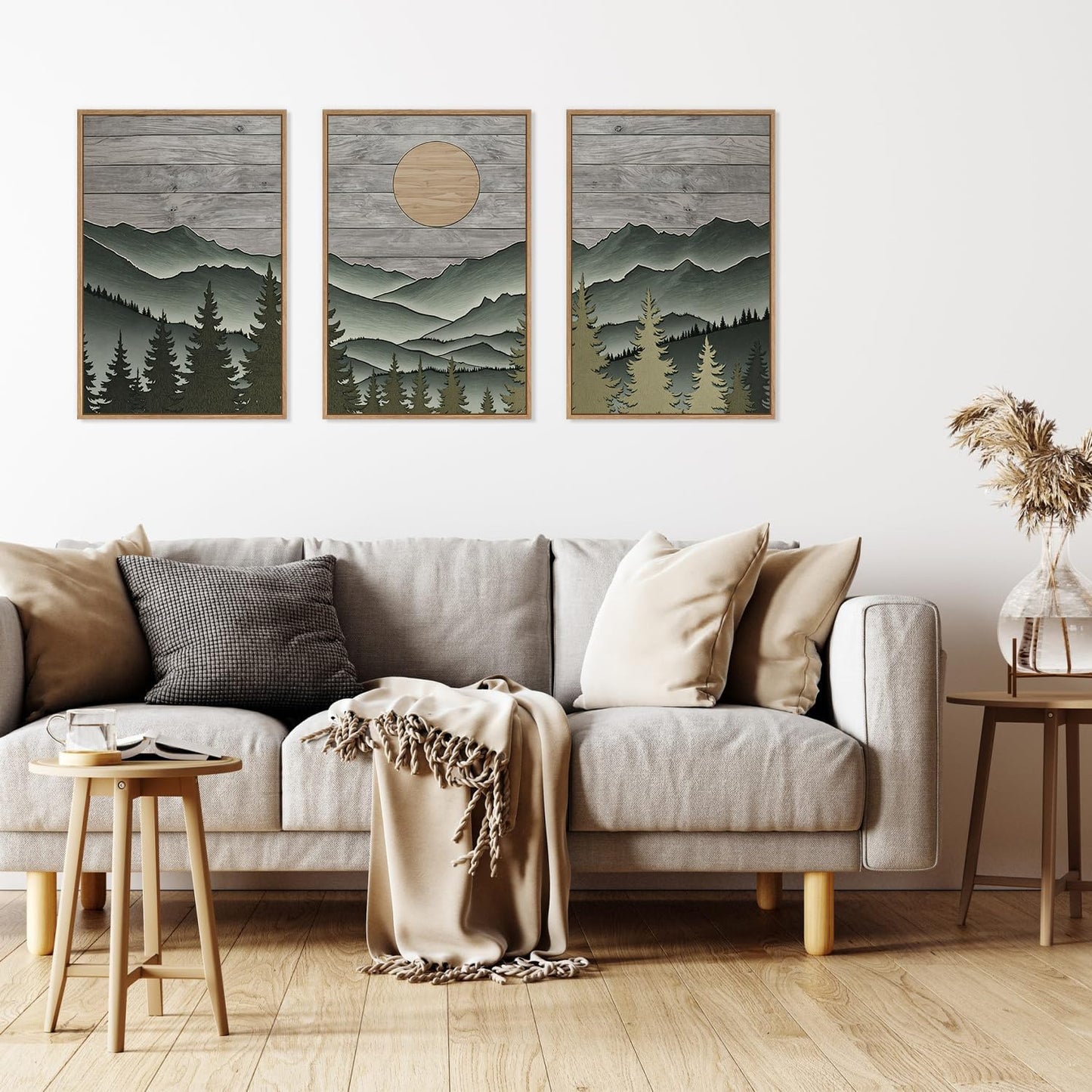 HLNIUC Mountain Framed Canvas Wall Art,Large Green Forest Woodcut Wall Decor Set of 3(16”x24”)Abstract Sun Forest Pine Trees Wall Painting,Rustic Sun Nature Landscape Art Print for Living Room,Bedroom