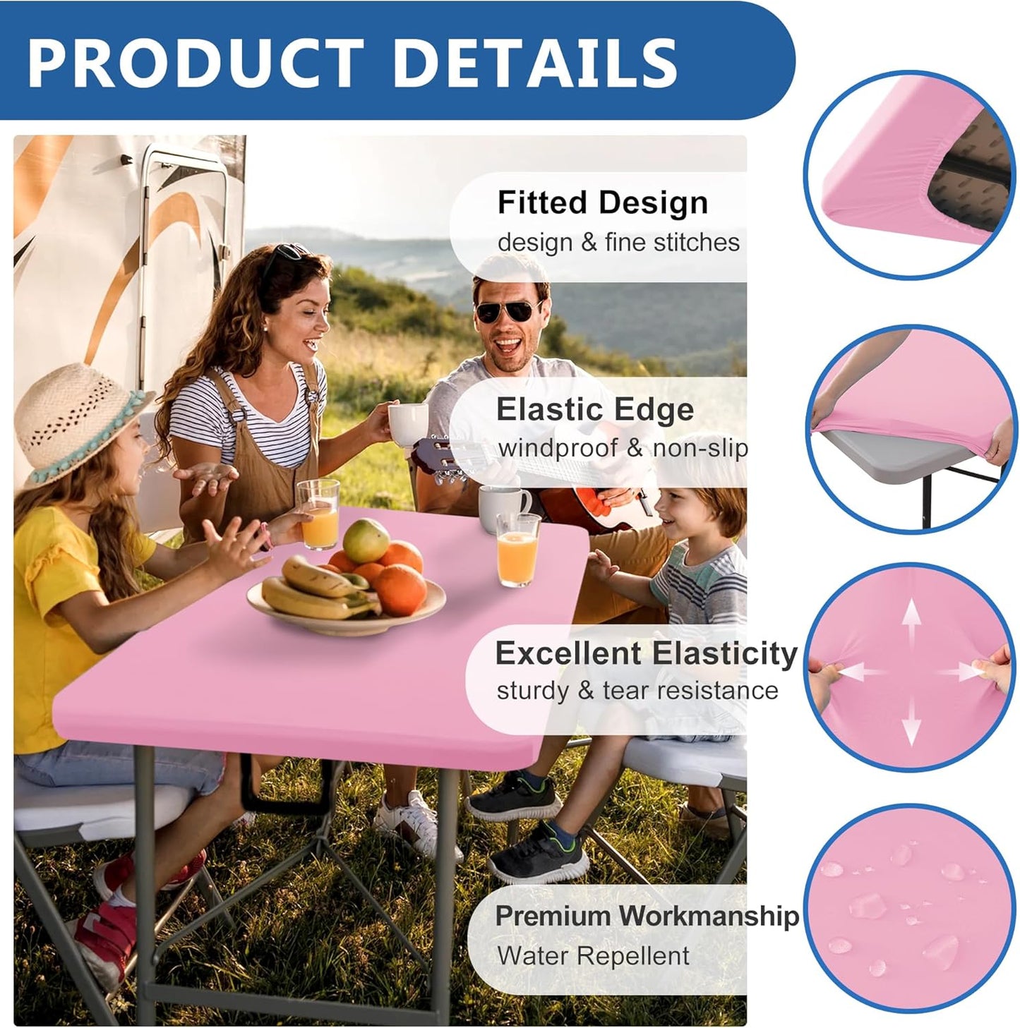 Fitted Tablecloth for 8 Foot Rectangle Tables-6 Pack Pink Elastic Outdoor Picnic Table Cover-Spandex Stretch Folding Table Cloths 8ft for Camping Dining Room Patio Kitchen Banquet Party