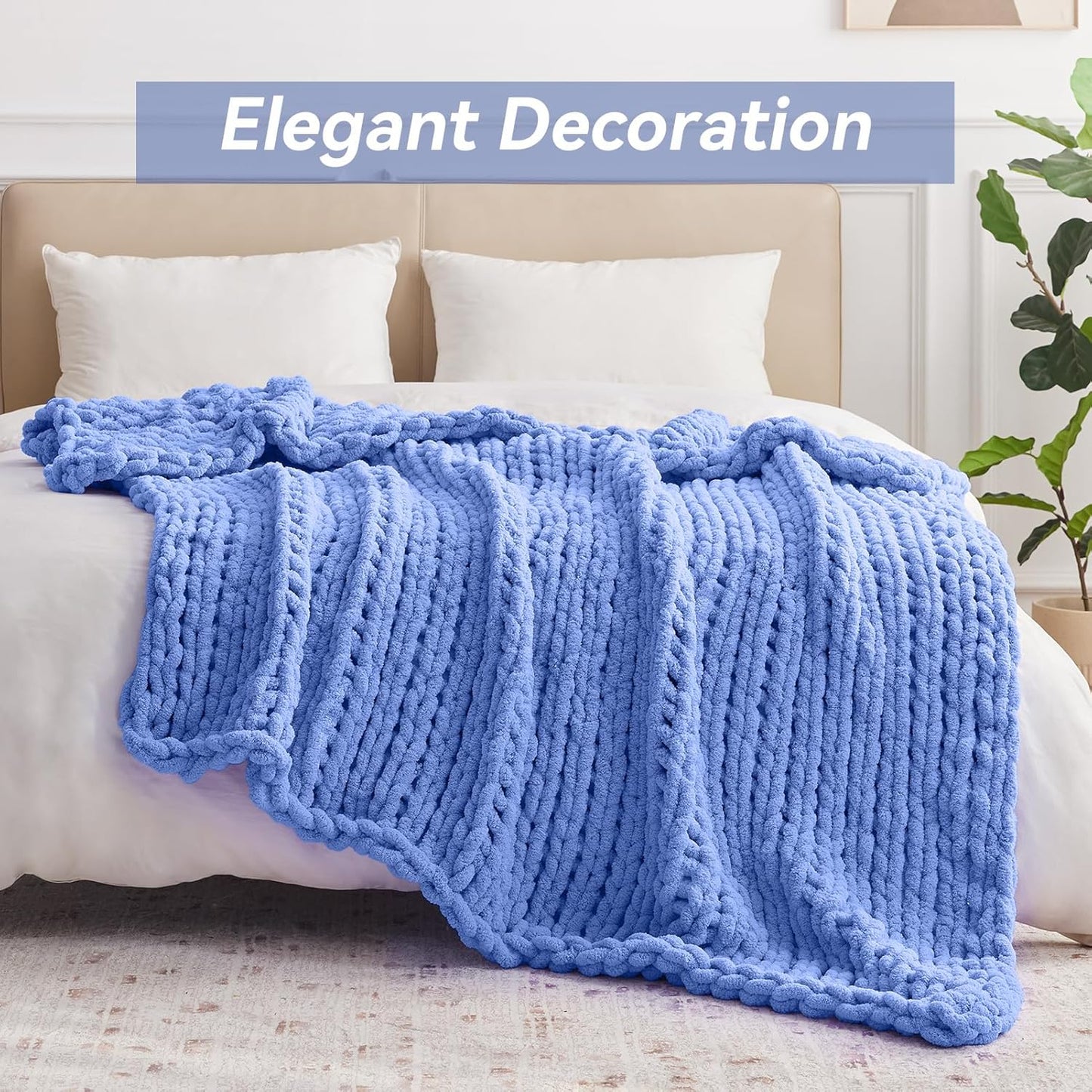 Chunky Knit Throw Blanket, 60''*80'' Knitted Throw Chenille Yarn for Bed Couch, Handmade Light Blue Crochet Big Thick Blanket, Machine Washable Cute Comfy Blanket for Home Decor