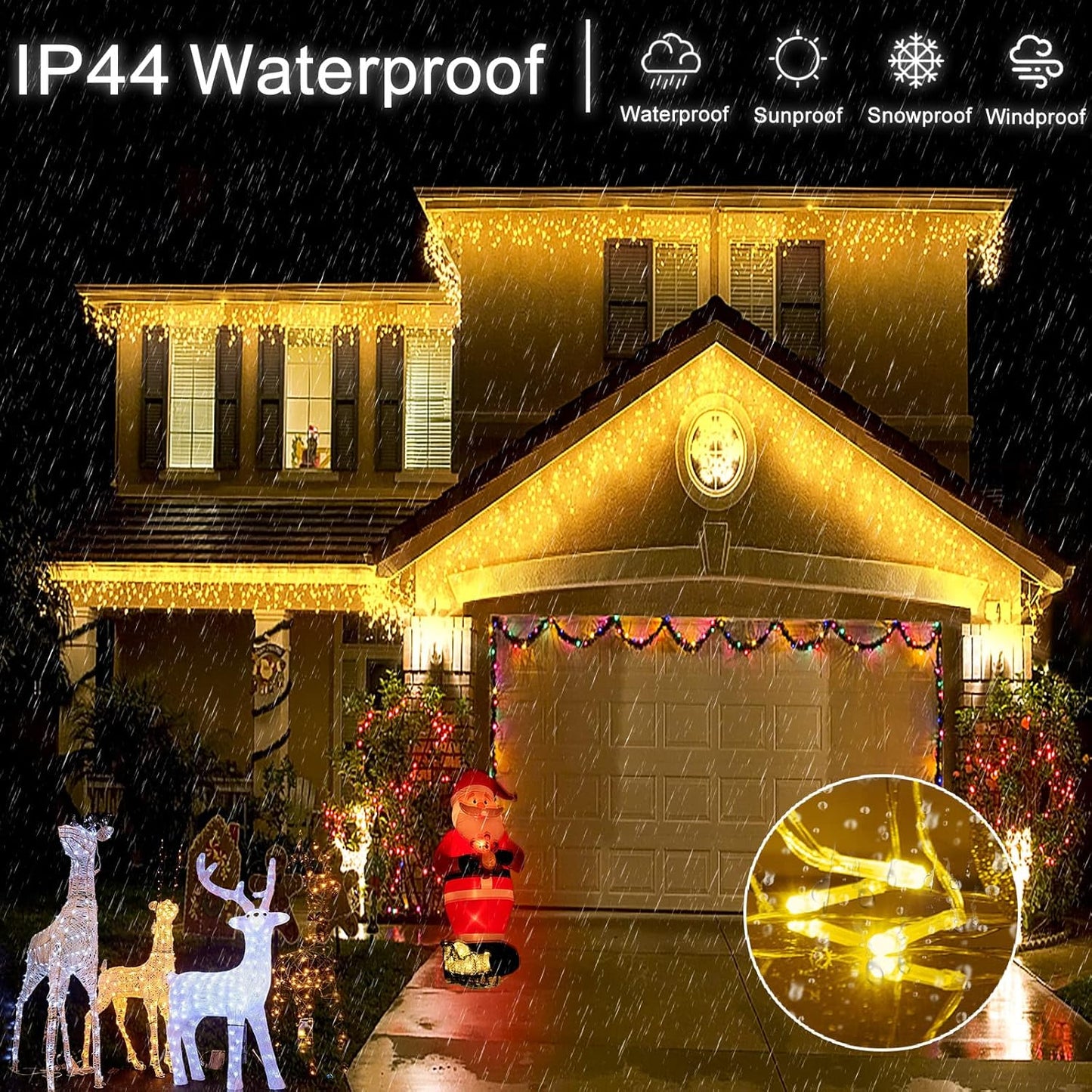 Icicle Lights for Outside 99ft 1216 LED Christmas Lights Outdoor 8 Modes with 228 Drops, Waterproof Plug in Fairy String Lights for Party, Holiday, Wedding, Christmas Decoration, Warm White