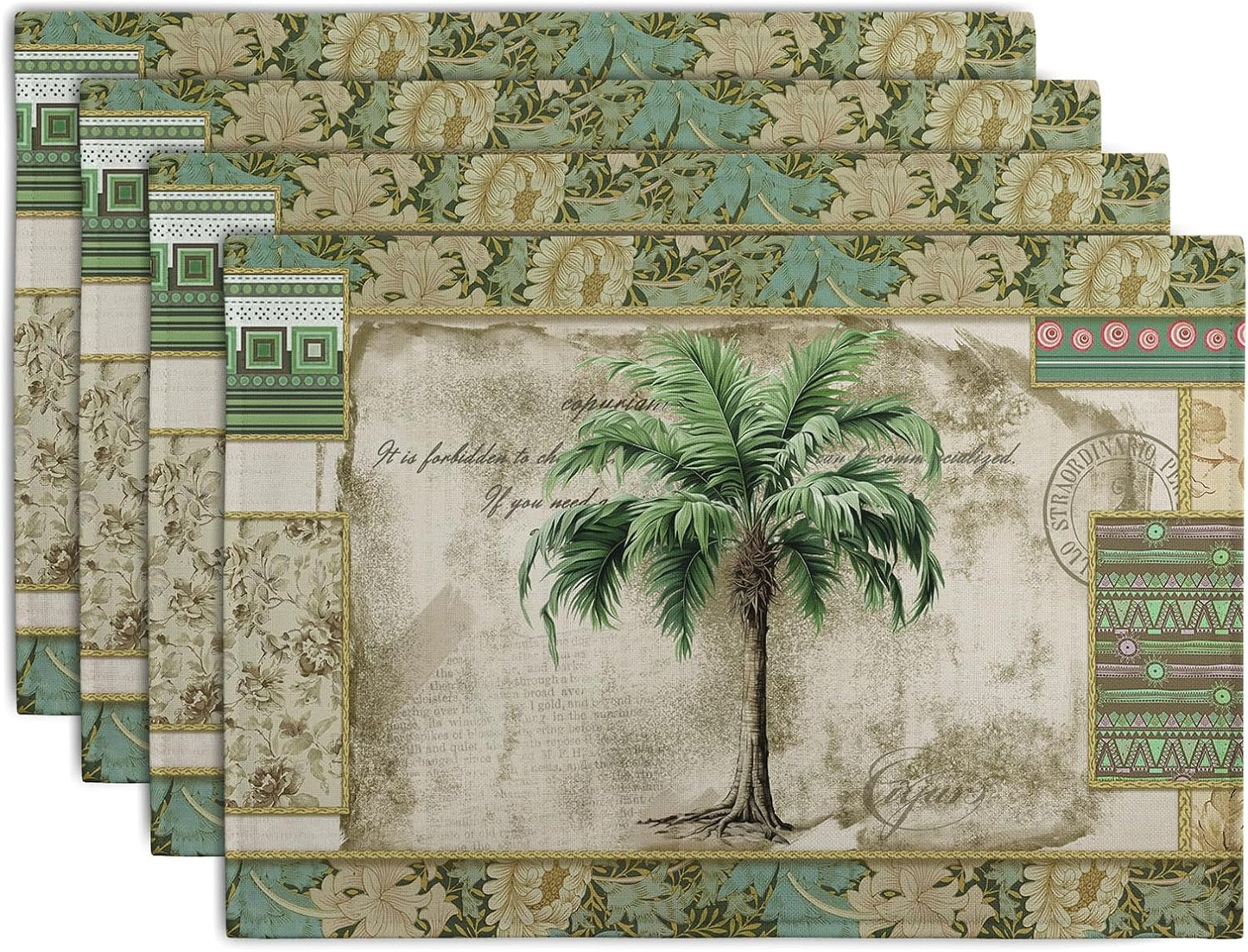 Tropical Palm Tree Placemats Set of 4 Summer Vintage Green Leaf Kitchen Table Mat 12x18 Inch Hawaii Beach Jungle Plant Tree Heat Resistant Washable Linen Place Mats for Dining Tables