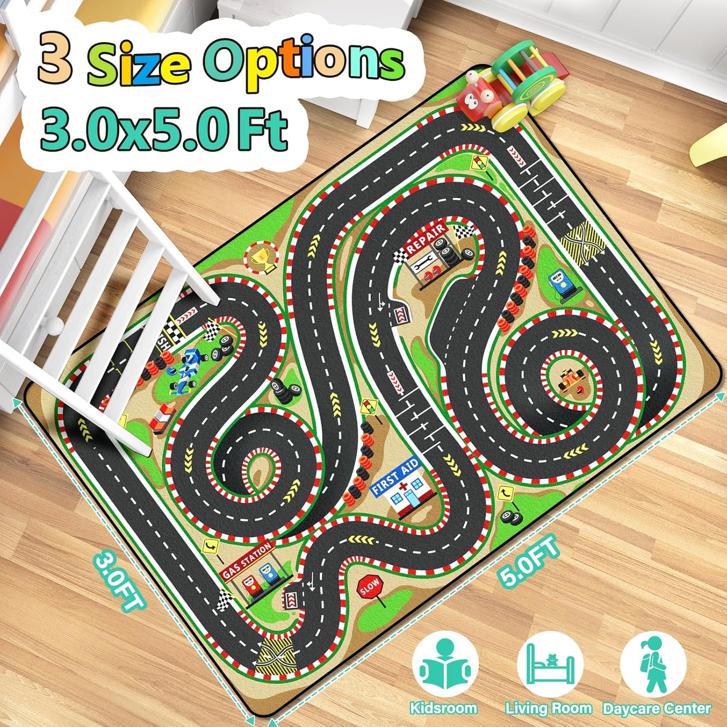 Kids Rug, Race Track Baby Play Mats, Realistic 3D Cascading Surround Route, 3x5 Ft Kids Rug for Playroom, Great for Playing with Cars and Toys, Non-Slip Car Carpet