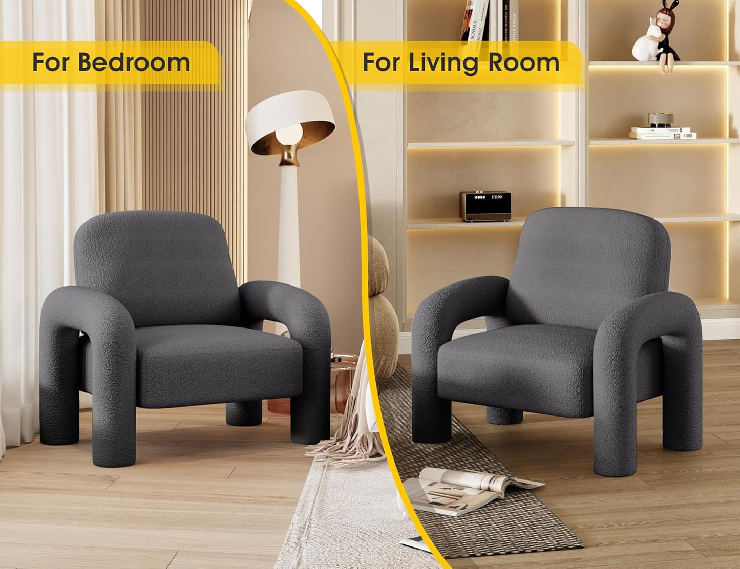 Modern Sherpa Accent Chair, Teddy Upholstered Arm Single Sofa, Cozy Fluffy Reading Chair for Living Room, Bedrooms, Corner (Grey)