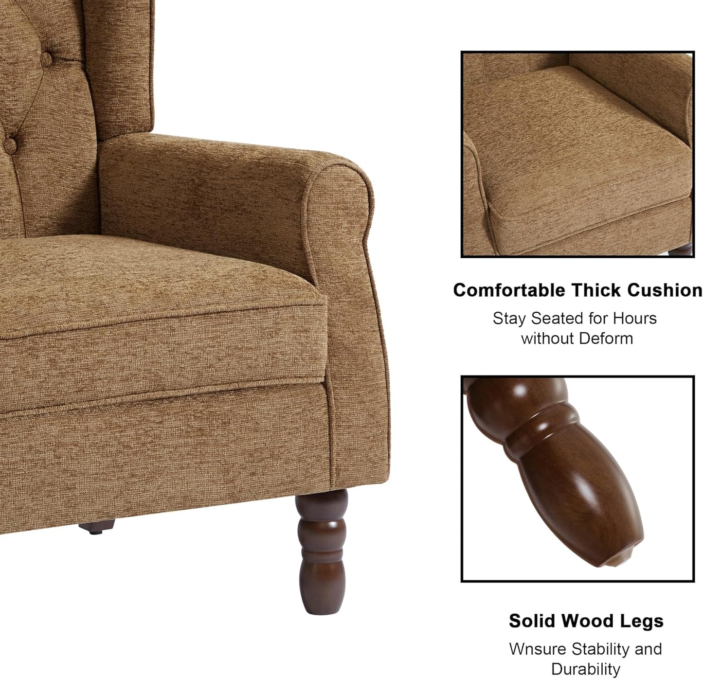 Accent Chair, Upholstered Armchair with Button Tufted High Back & Solid Wood Legs, Comfy Wingback Reading Single Sofa Chair for Small Spaces, Living Room, Bedroom (Brown, Set of 2)