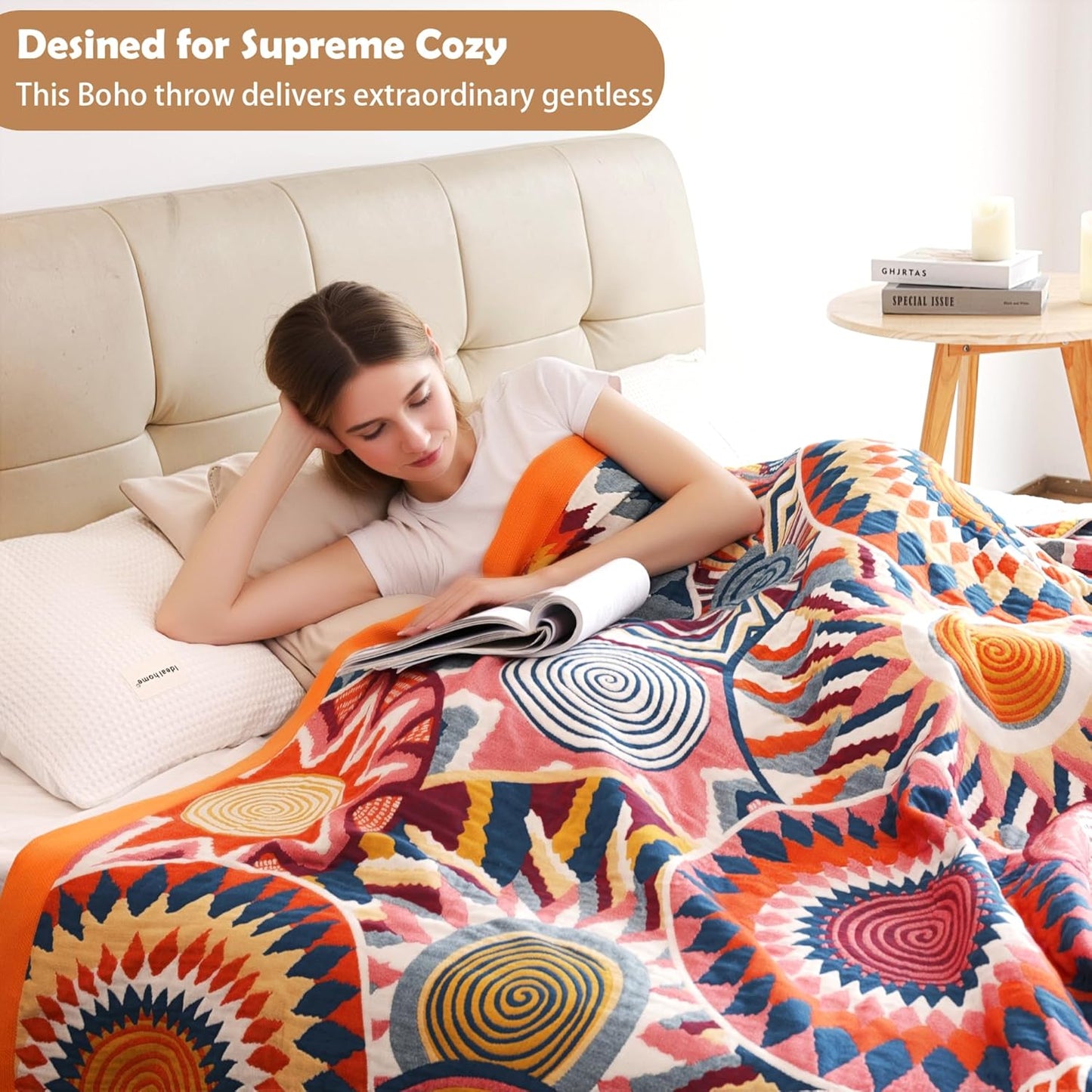 Boho Throw Blanket, 100% Organic Muslin Cotton Breathable Ultra Soft Bed Quilt Throw - All Season Floral Bird Butterfly Farmhouse Decor Blanket for Sofa Couch Chair and Gift. 50" x 60"