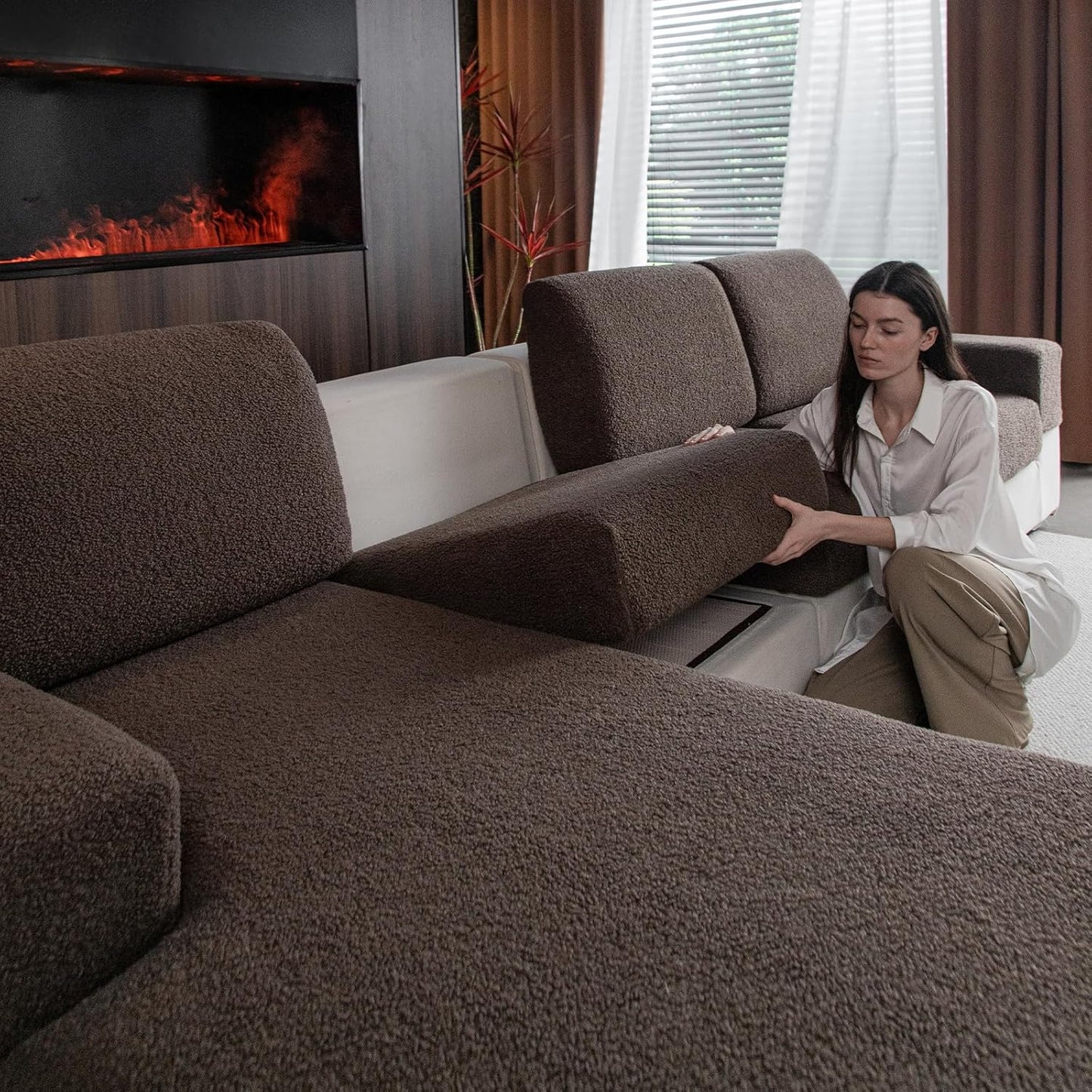 Couch Cushion Covers for Sectional Sofa, Stretch Soft Sofa Slipcovers Washable Wear-Resistant Universal Furniture Protector for Living Room(1 Piece Loveseat Cover, Brown)