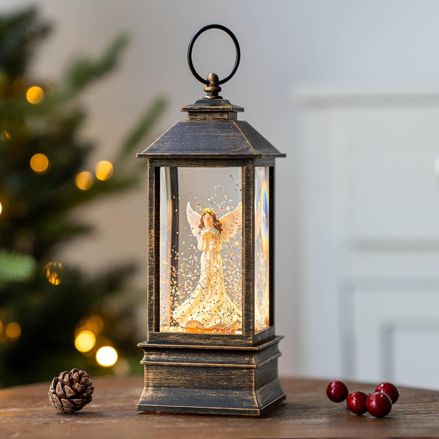 Christmas Snow Globe Lantern Water Glittering Angel with Dove, USB Lined/Battery Operated Lighted Lantern for Christmas Festival Decoration Gifts