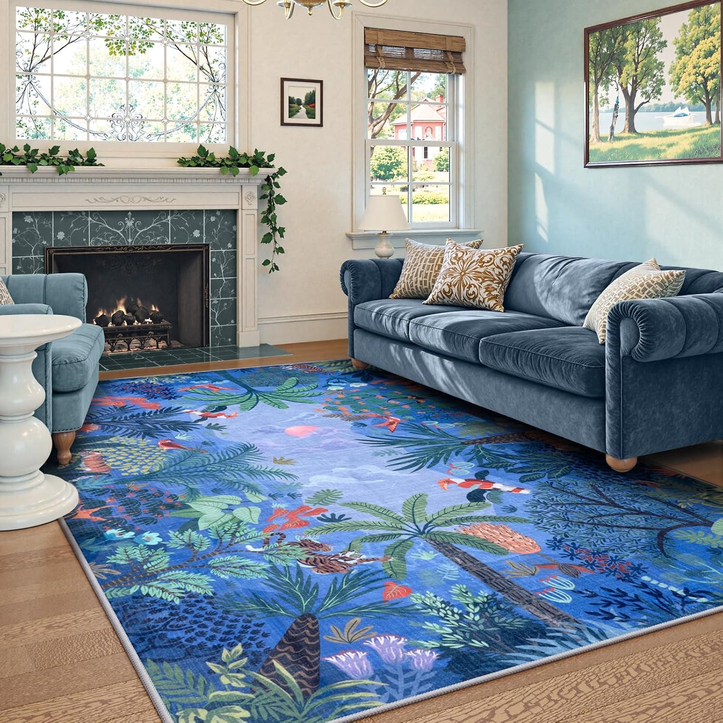 LIVEBOX Washable Bedroom Rug 8x10 Under Bed, Modern Stain Resistant Botanical Rug for Living Room Playroom Kids Boy Room, Non-Slip Jungle Forest Print Rugs for Nursery Baby