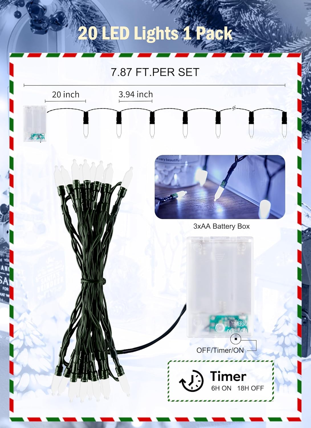 2 Pack Battery Operated Christmas String Lights, 8ft 20 LED Mini Lights with Timer, Christmas Tree Light for Indoor Outdoor Bedroom Wedding Party Holiday Xmas Decoration，Pure White