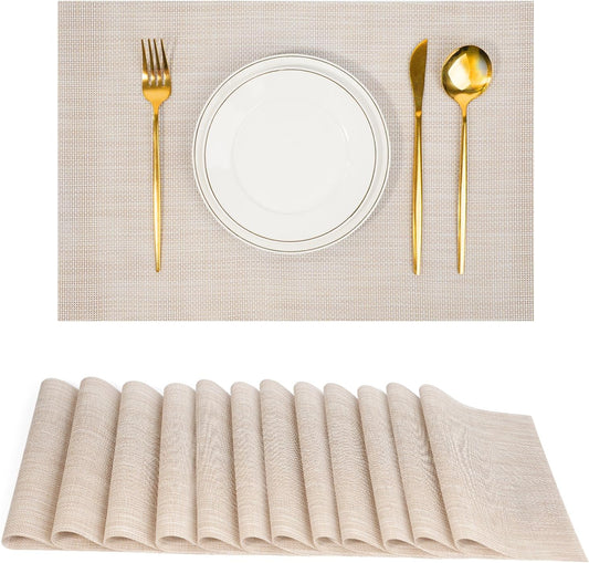 Placemats Set of 12，Non-Slip PVC Weave Table Mats Easy to Clean，Heat Resistant Place Mats for Kitchen Dining Table Decoration Indoor Outdoor，Beige White