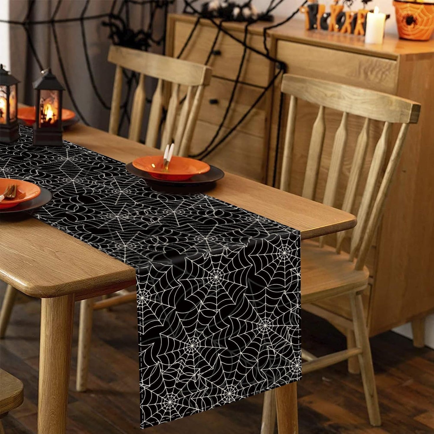Halloween Table Runner Spider Web Black Linen Table Runners for Seasonal Holidays Indoor Outdoor Kitchen Dining Party Home Decor 13 x 48 Inch
