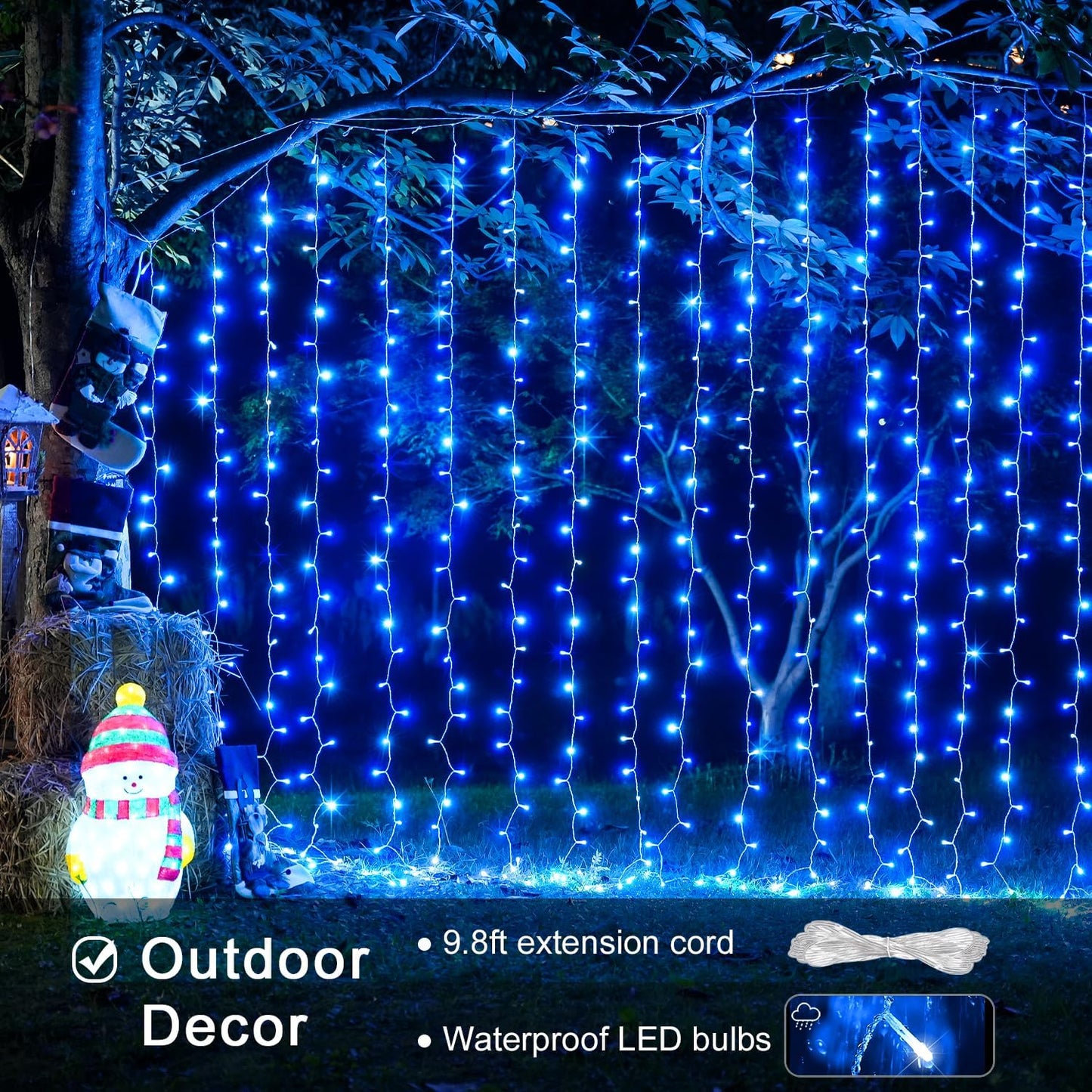 JMEXSUSS 300LED Christmas Curtain Lights, Blue Christmas Lights with Remote, Blue String Lights for Bedroom Wall Window Backdrop Garden Indoor Outdoor Patio Yard Porch Decorations, 9.8x9.8ft