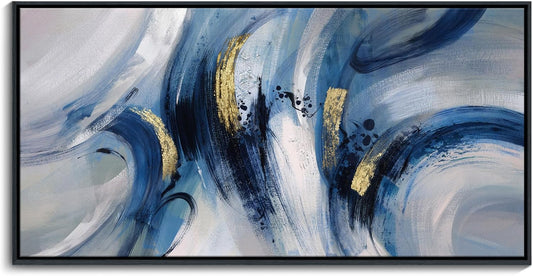 Abstract Line Art Framed Canvas - Modern Blue and Grey, Large 24x48 Inches, Minimalist Bedroom & Living Room Art, Ready to Hang