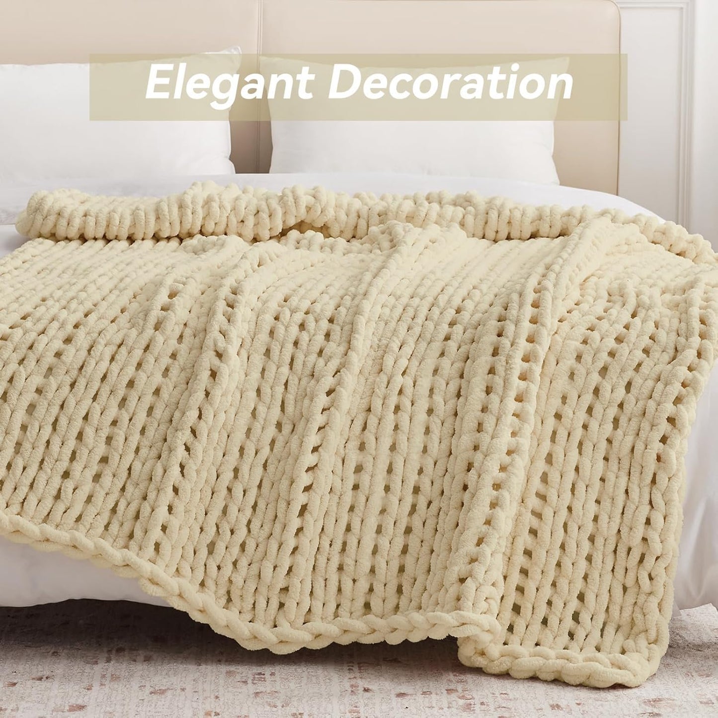 Chunky Knit Throw Blanket, 60''*80'' Knitted Throw Chenille Yarn for Bed Couch, Handmade Oatmeal Crochet Big Thick Blanket, Machine Washable Cute Comfy Blanket for Home Decor