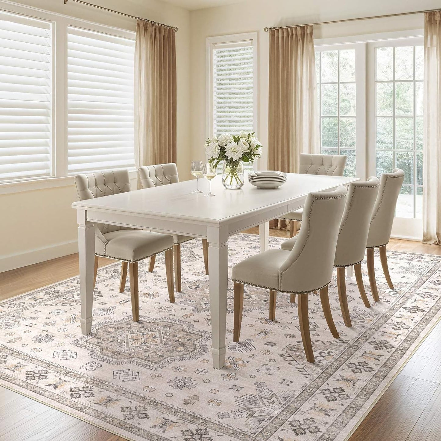 Washable Area Rugs for Living Room -8x10 Neutral Vintage Distressed Floral Farmhouse Boho Large Soft Floor Rug Indoor Non Slip Carpet for Living Room Bedroom Dining Room Office -Beige Brown