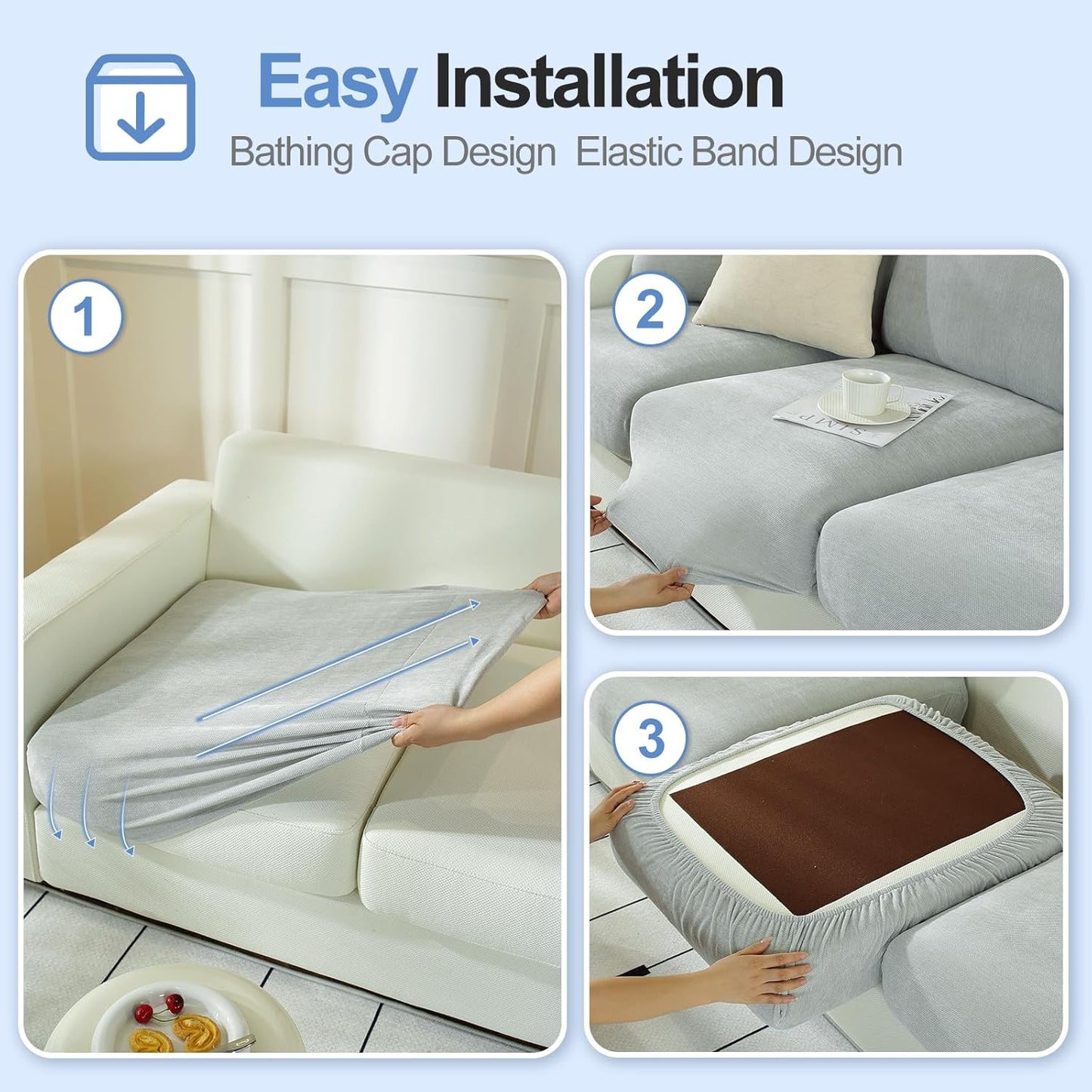 Couch Cushion Covers Individual Large Super Stretch Chenille (Softer Version) Sofa Cushion Covers, Couch Seat Covers Couch Slipcovers Furniture Protector (3 Piece, Light Grey)