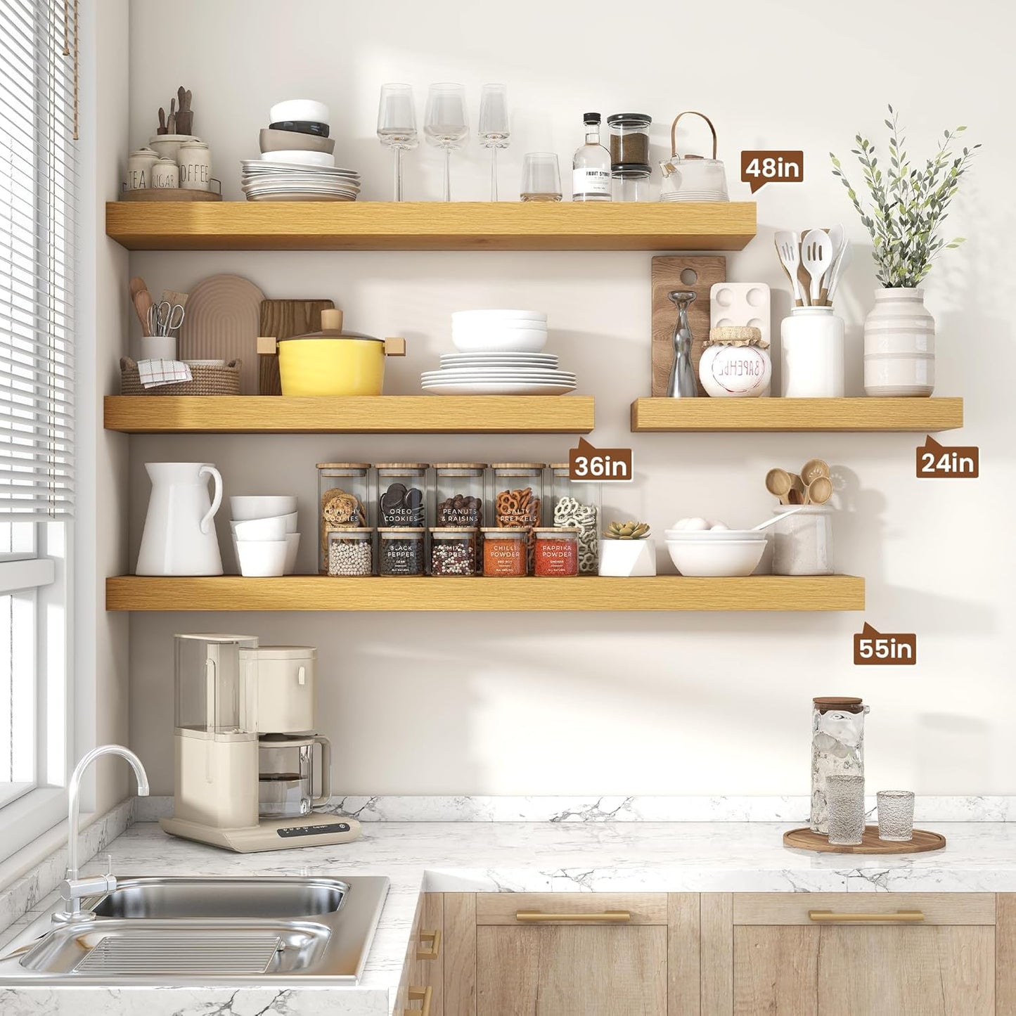 Heimlove 55 Inch Floating Shelves for Wall,10 Deep Large Rustic Wall Shelf with Heavy Duty Brackets,Wall Mounted Storage & Display Shelves for Bedroom,Living Room,Kitchen,Office,Oak Color