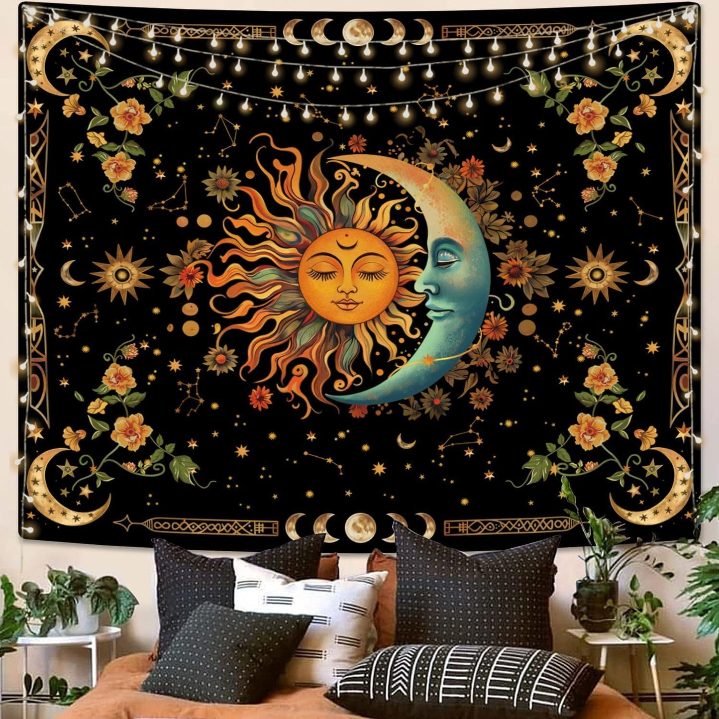 ARTCREATOR Sun and Moon Tapestry Astrology Space Wall Hanging Boho Hippie Floral Plant Tapestries Aesthetic Vintage Mandala Flower Decor for Living Room Bedroom (51" x 59")