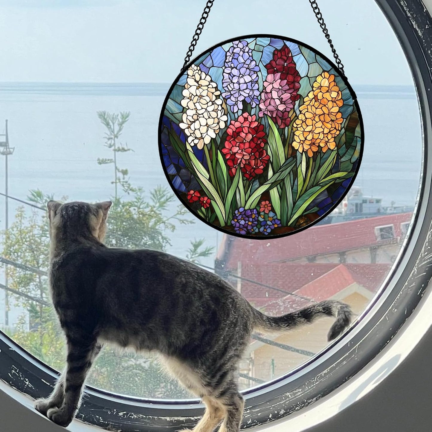 Stained Glass Window Hanging, Colorful Hyacinth Flowers Suncatcher for Doors Window Home Plant Sun Catchers Decoration Mother's Day Birthday Gifts for Women, Men, and Mom 9.8x9.8 in