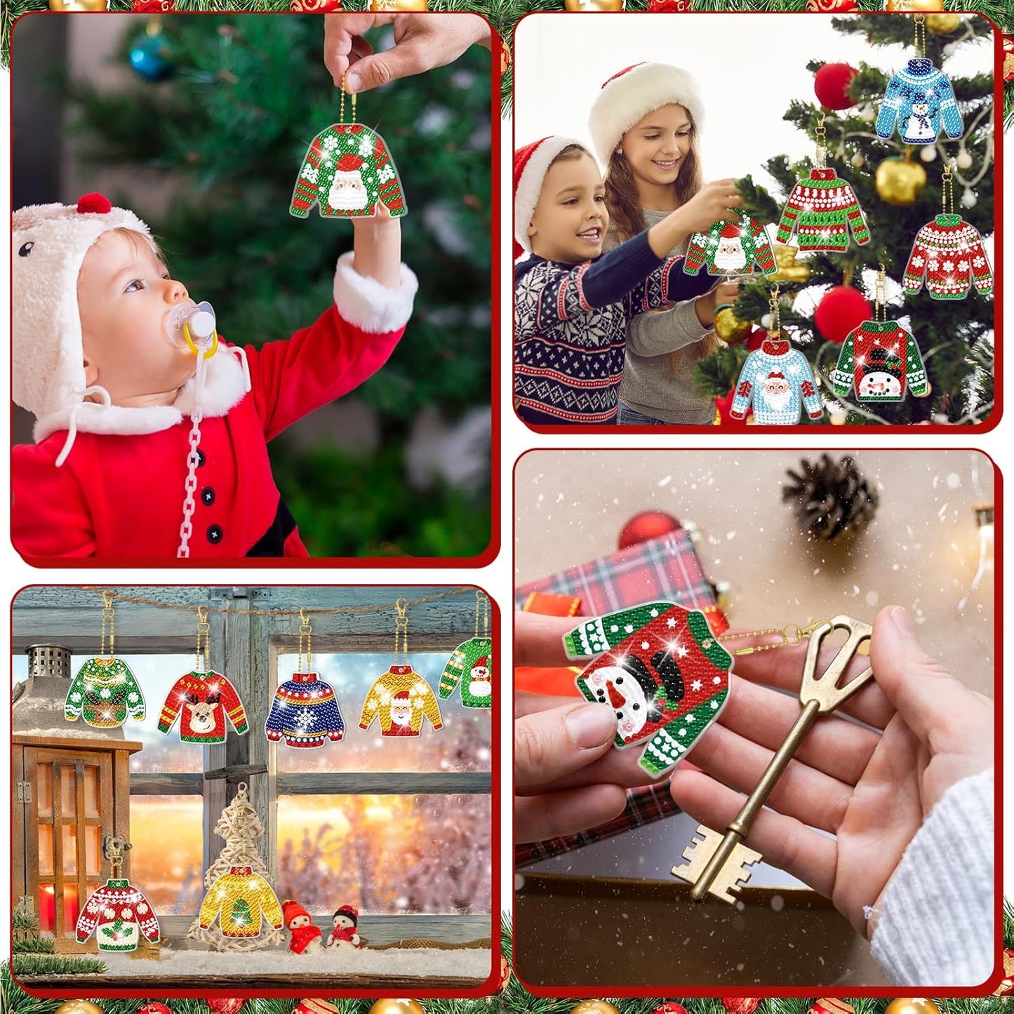 Tondiamo 20 Pcs Christmas Diamond Painting Keychain Kits 5D DIY Diamond Art Pendants Double Sided Hanging Key Chains for Christmas Party Decoration DIY(Sweater Style)